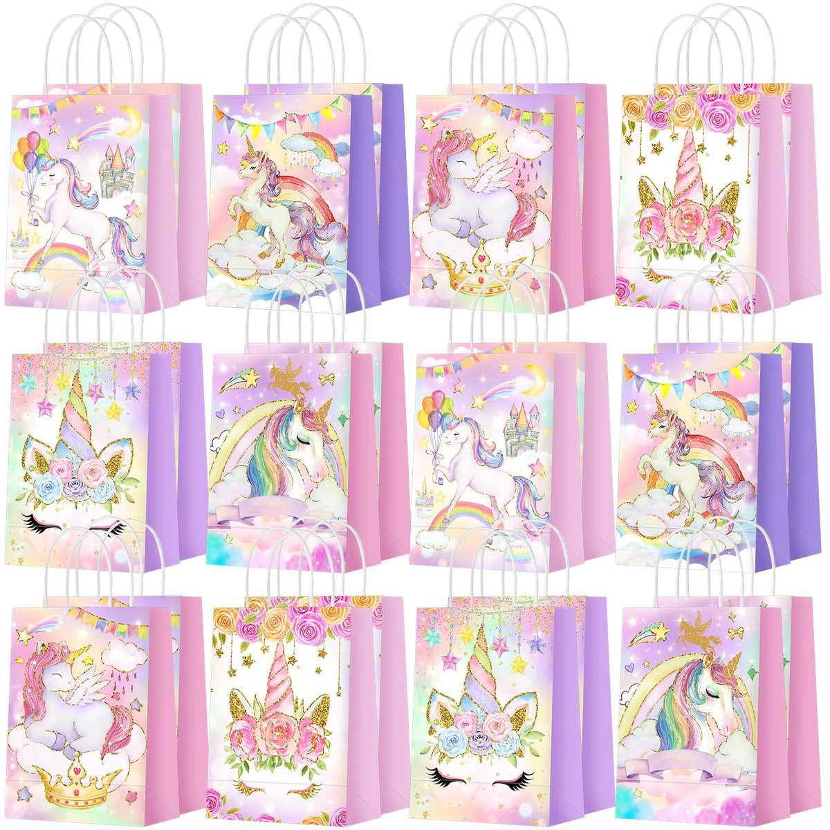 Kolldenn 24 Pcs Unicorn Party Favor Bags for Birthday Party Supplies Cute Unicorn Gift Goodie Paper Bags with Handles Rainbow Goody Treat Candy Pouch‌ for Girls Birthday Baby Shower Decorations