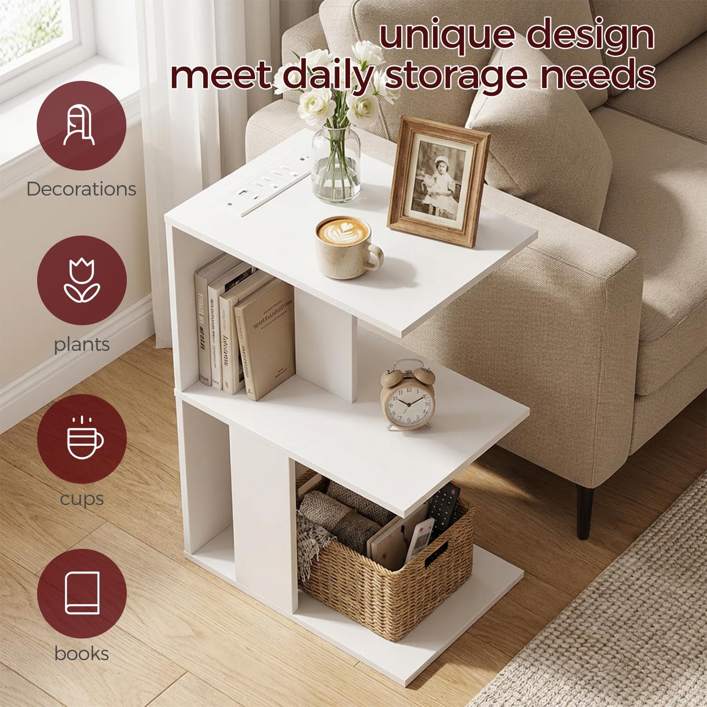 MAHANCRIS End Table with Charging Station, C-Shaped Narrow Side Table, White Nightstand with Storage, Narrow Bedside Table for Small Spaces, End Tables Living Room, Bedroom, Easy Assembly, ETWT18E01Z