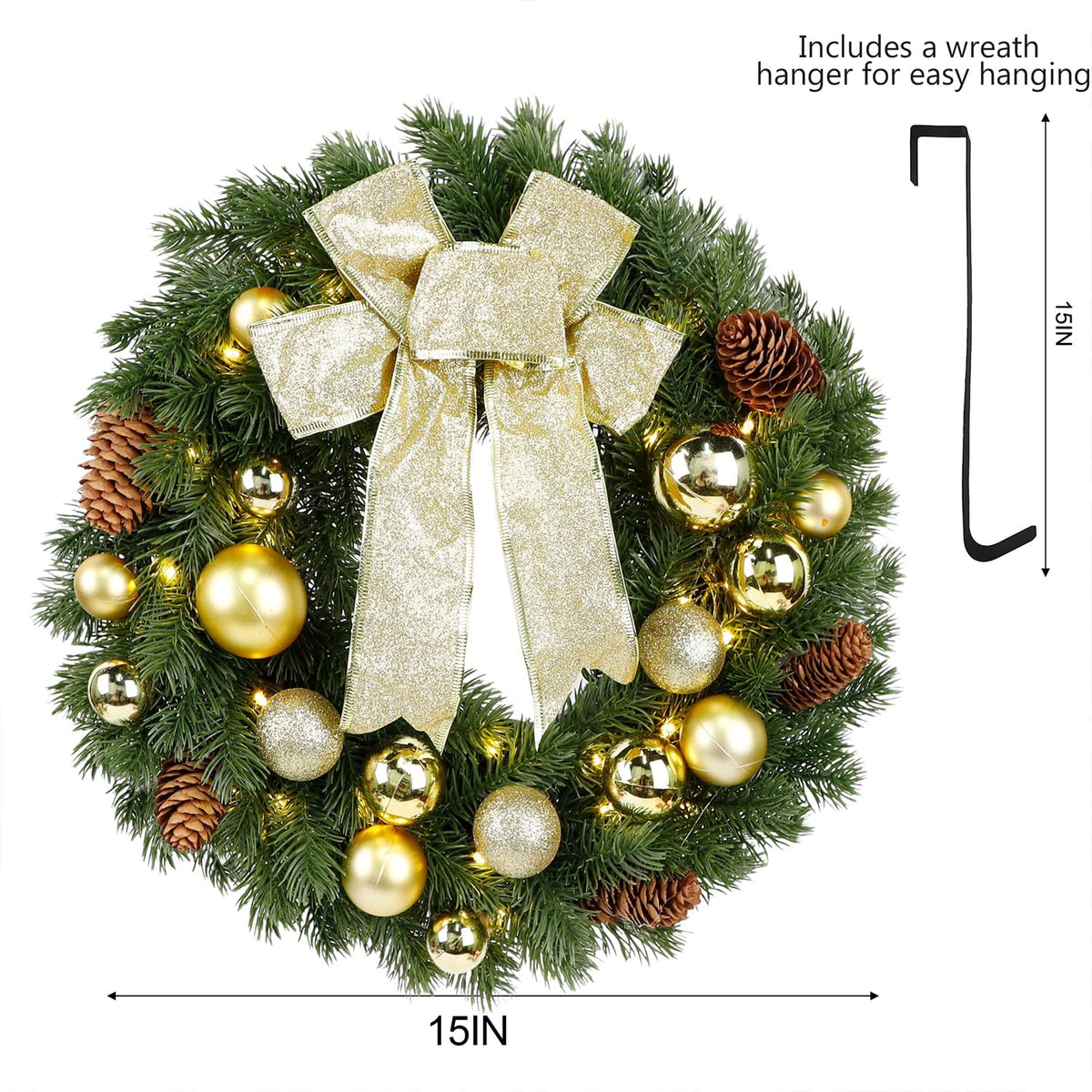 Hausse Lighted Christmas Wreath with Metal Hanger, Pre-lit Xmas Wreath with Large Golden Bow & Balls, Battery Operated with 40 LEDs Lights, for Front Door Gate Wall Christmas Party Decorations