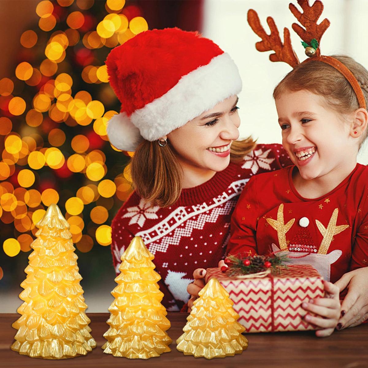 FLAVCHARM Gold Christmas Tree Flameless Candles with Remote Battery Operated Flickering LED Tabletop Lighted Xmas Tree Figurines for Fireplace Home Decor Indoor Holiday Christmas Gifts