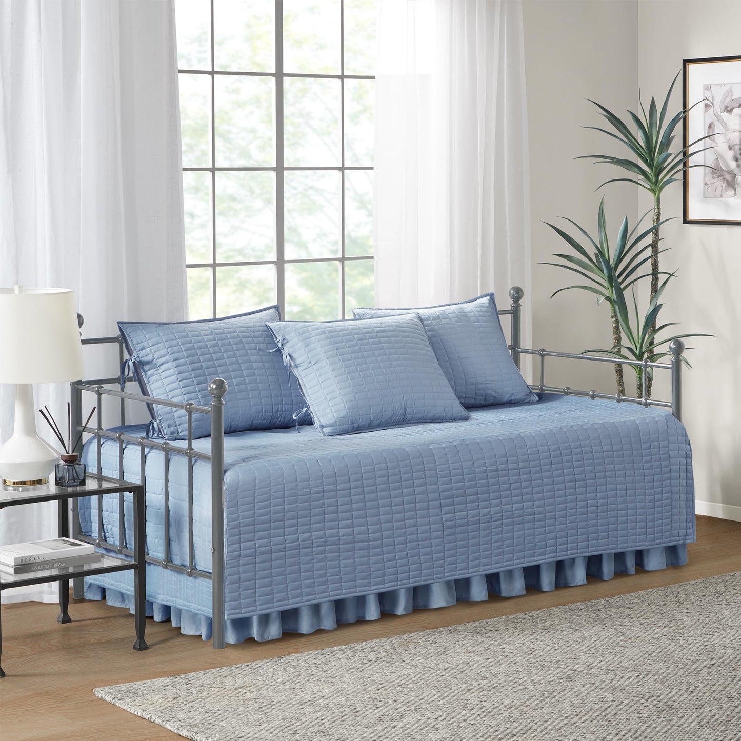 Comfort Spaces Daybed Cover- Luxe Double Sided -Quilting, All Season Cozy Bedding with Bedskirt, Matching Shams, 75'x39' Blue 5 Piece