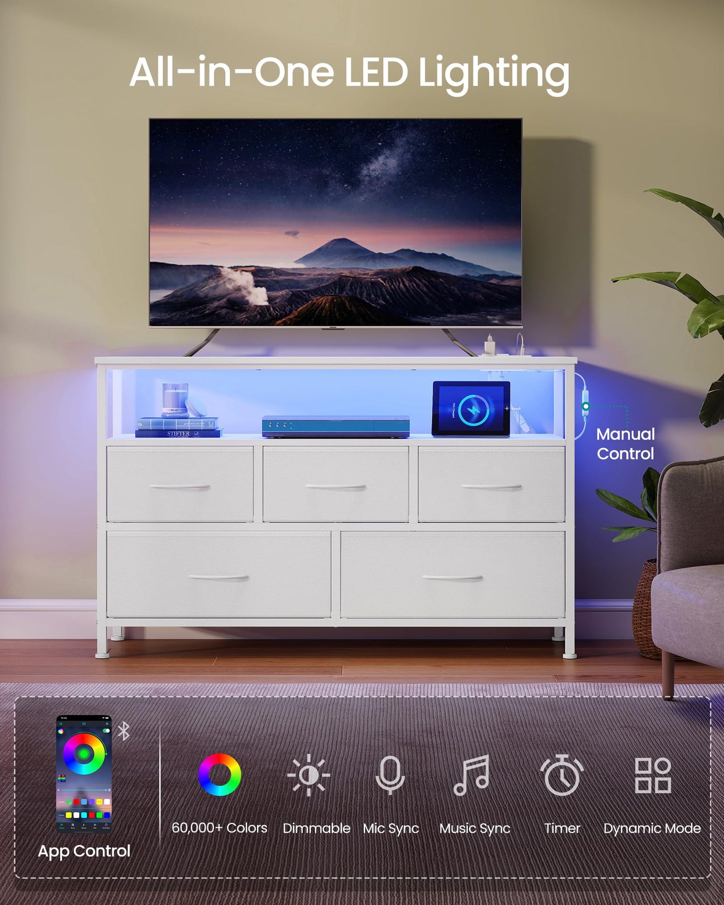 SONGMICS BELLAH Collection - Dresser for Bedroom with App-Controlled LED Lights and Charging Station, Chest of Drawers, TV Stand, 5 Drawers, Shelf, Modern, Cloud White ULGS723WH05S