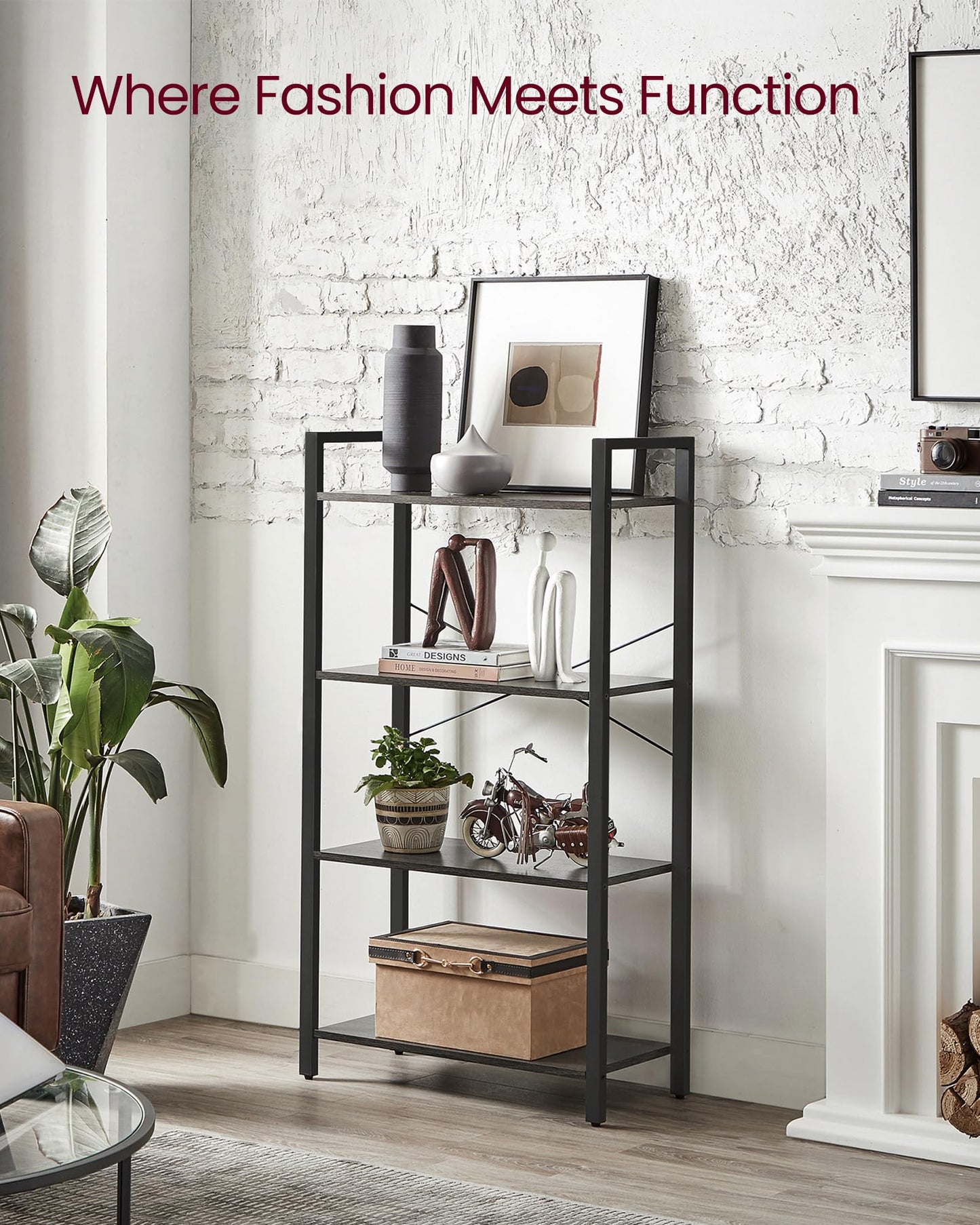 VASAGLE 4-Tier Bookshelf, Bookcase with Steel Frame, Book Shelf for Living Room, Home Office, Study, 11.8 x 26 x 47 Inches, Industrial Style, Charcoal Grey and Ink Black ULLS060B04