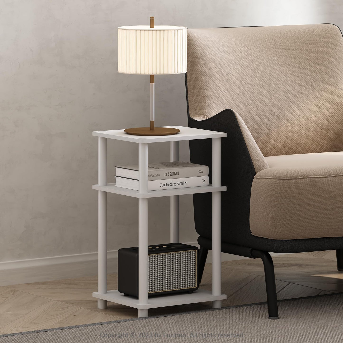 Furinno JUST Side Table, 3-Tier End Table, Open Shelves Night Stand, Bedside Table, Toolless Assembly, for Living Room, Bedroom, Bathroom, White