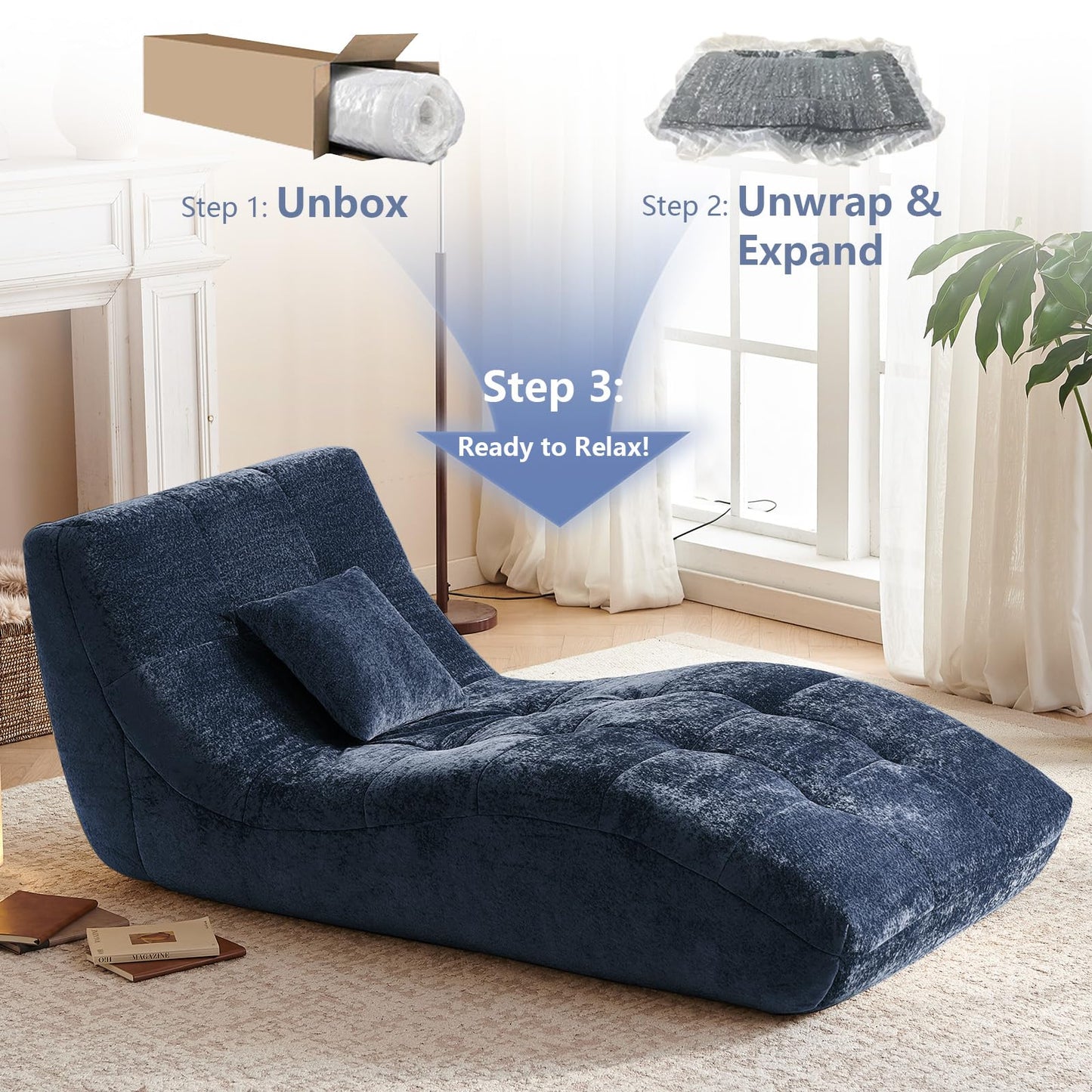Huadeo Chaise Lounge Chair with Curved Back, Modern Upholstered Recliner Sofa, Tufted Accent Lounger Comfortable Lazy Chair for Bedroom, Apartment (Blue)