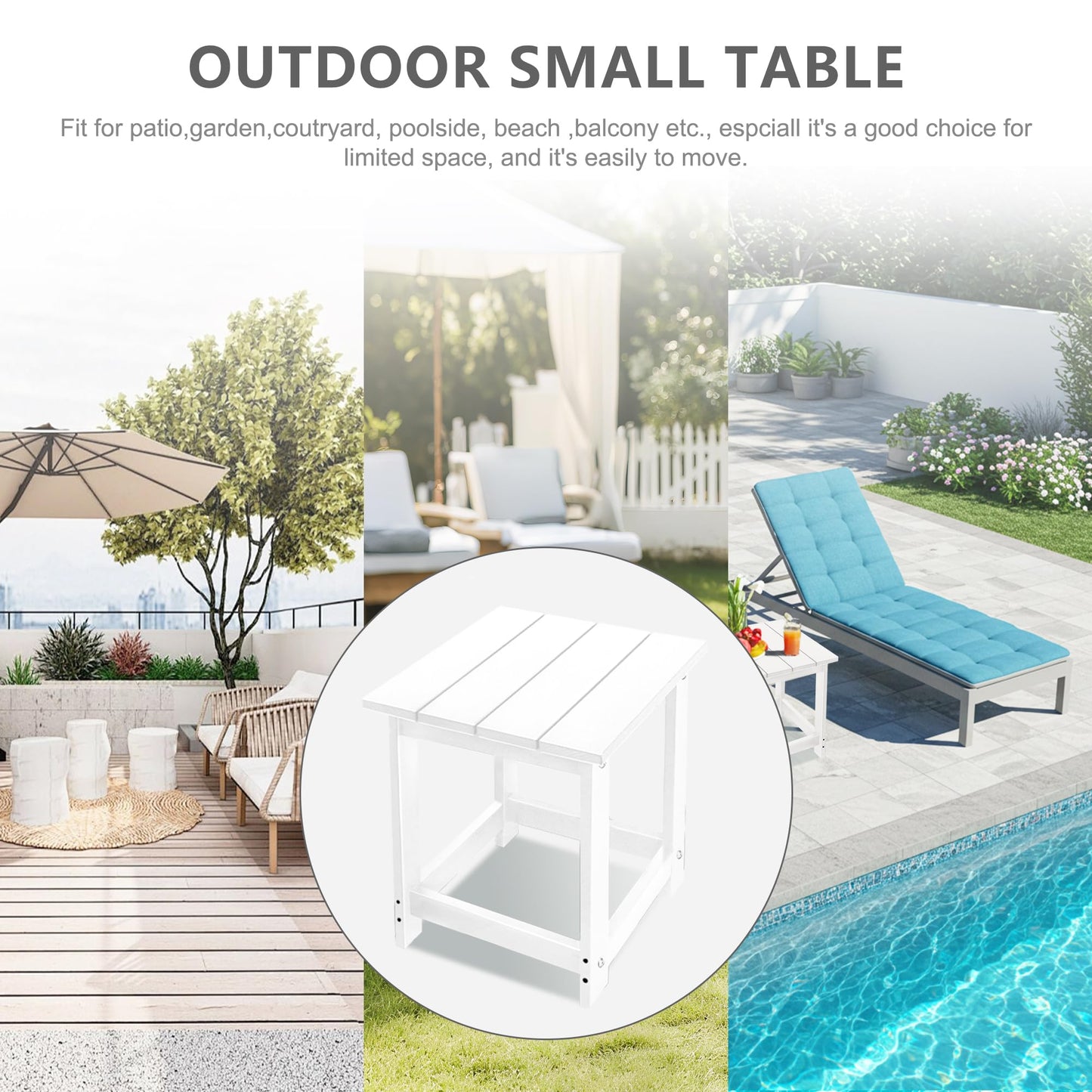 LZRS Square Patio Side Table, Heavy Duty HDPE Outdoor End Table with Wood Texture, Weatherproof Composite Table for Adirondack Chairs, Deck, Pool, Indoor/Outdoor, No Peeling or Cracking(White)