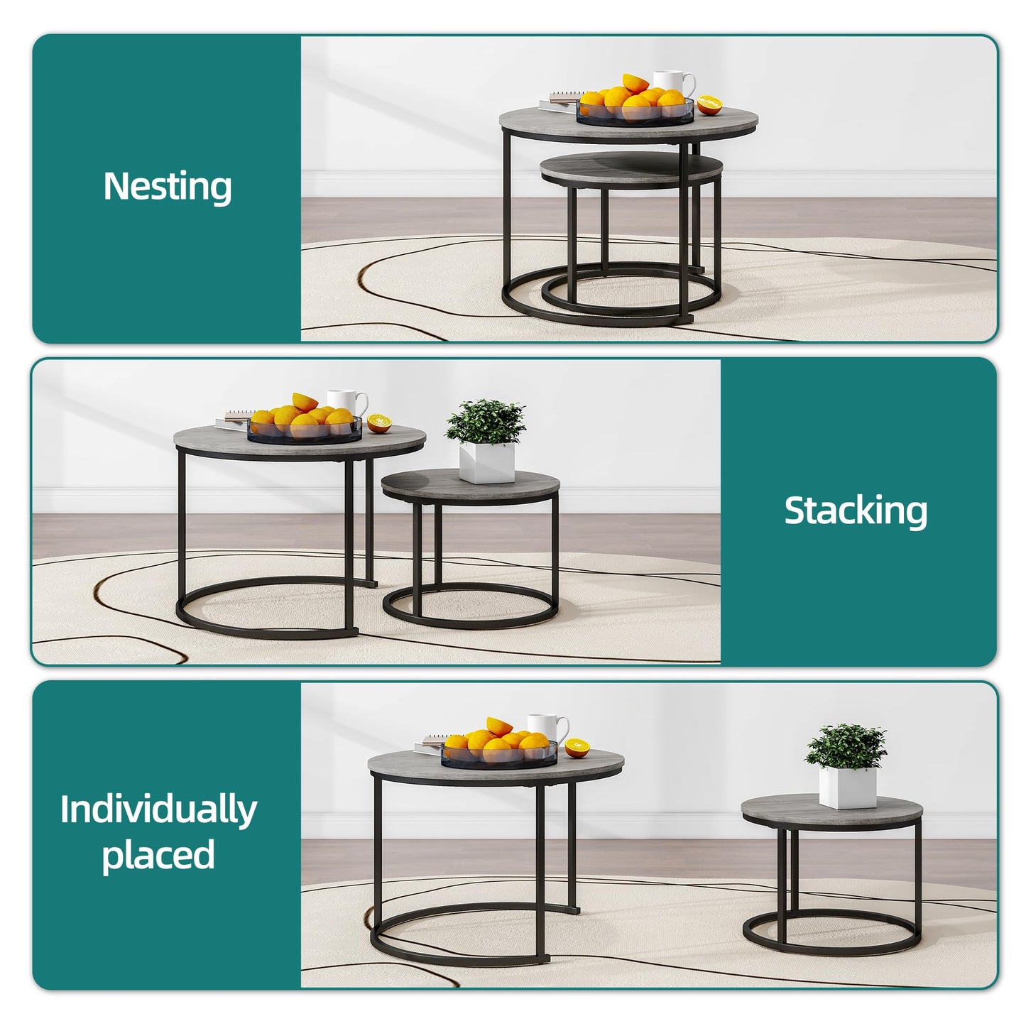 HOJINLINERO Round Coffee Table,Nesting Coffee Table Set of 2,Center Tables for Living Room,Office, Home Small Space,Stacking Side Tables,Sturdy and Easy Assembly,Wood Desktop,Black+Warm Grey,Large