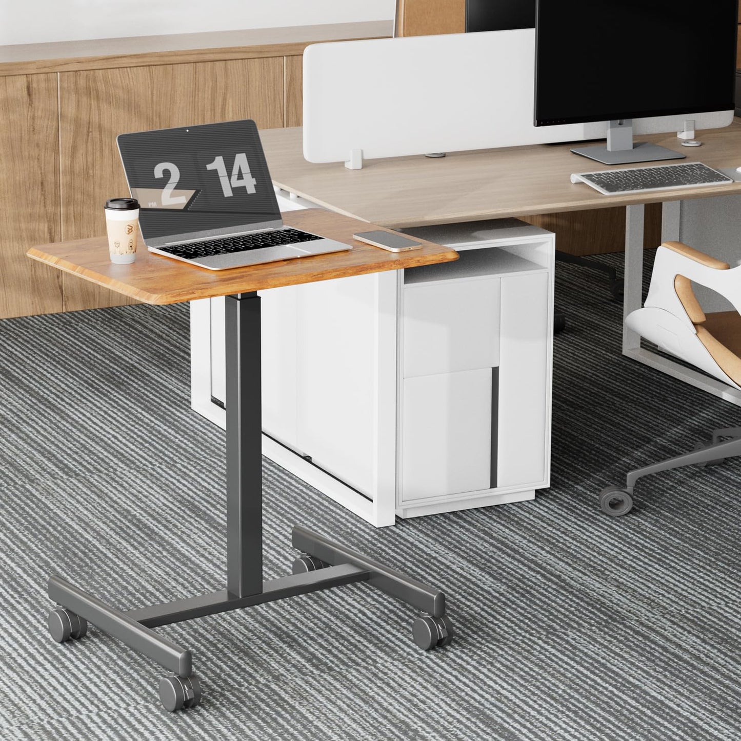 OLIXIS Small Standing Desk with Locking Wheels, Mobile Portable Rolling Laptop PC Table, Adjustable Height Computer Workstation for Home Office, 19 Inch, Brown