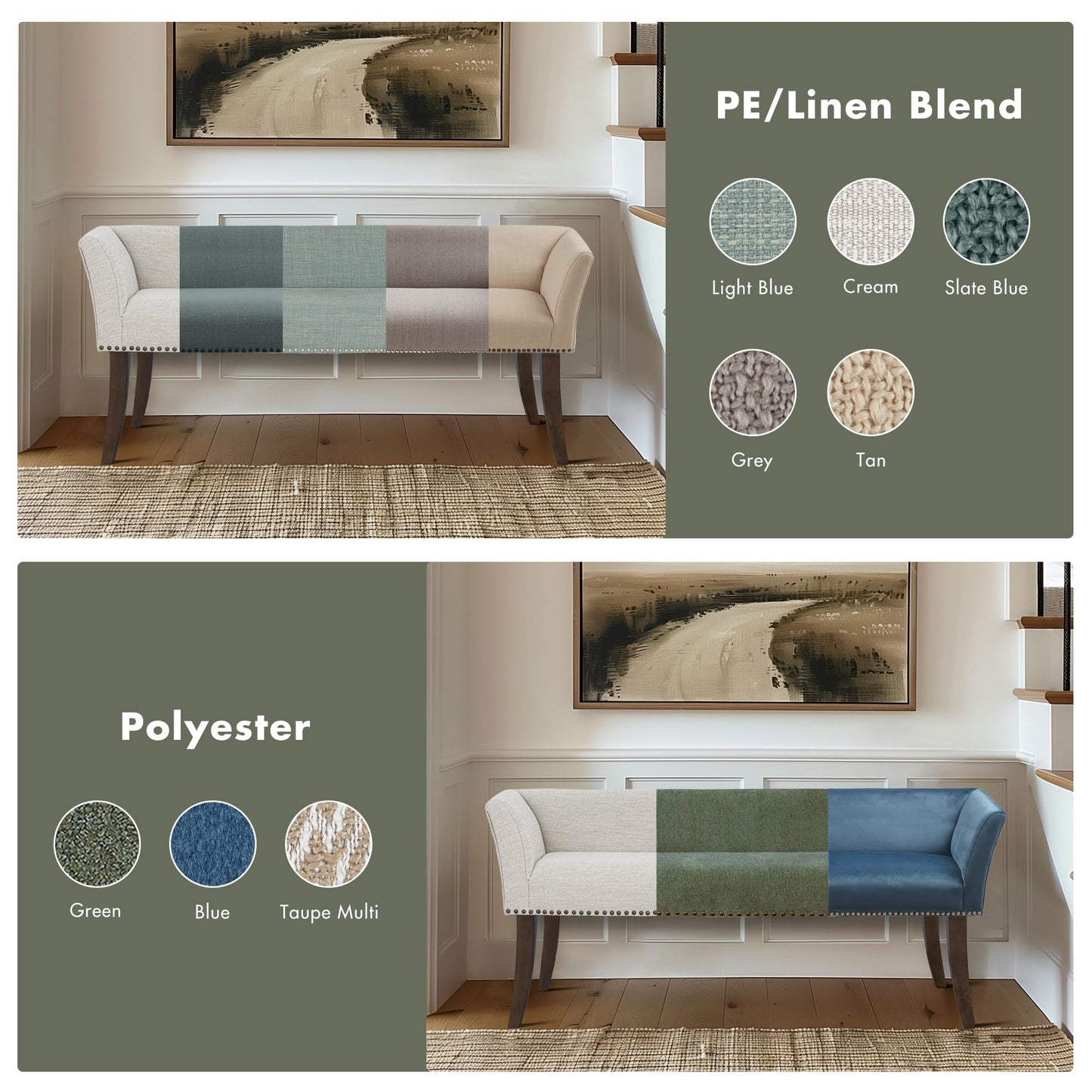 Madison Park Accent Bench, Plush Upholstered, Nailhead Trim, & Padded Seat Entryway Bench Small, End of Bed Bench with Back, 49.5" W x 19.25" D x 23" H, Green