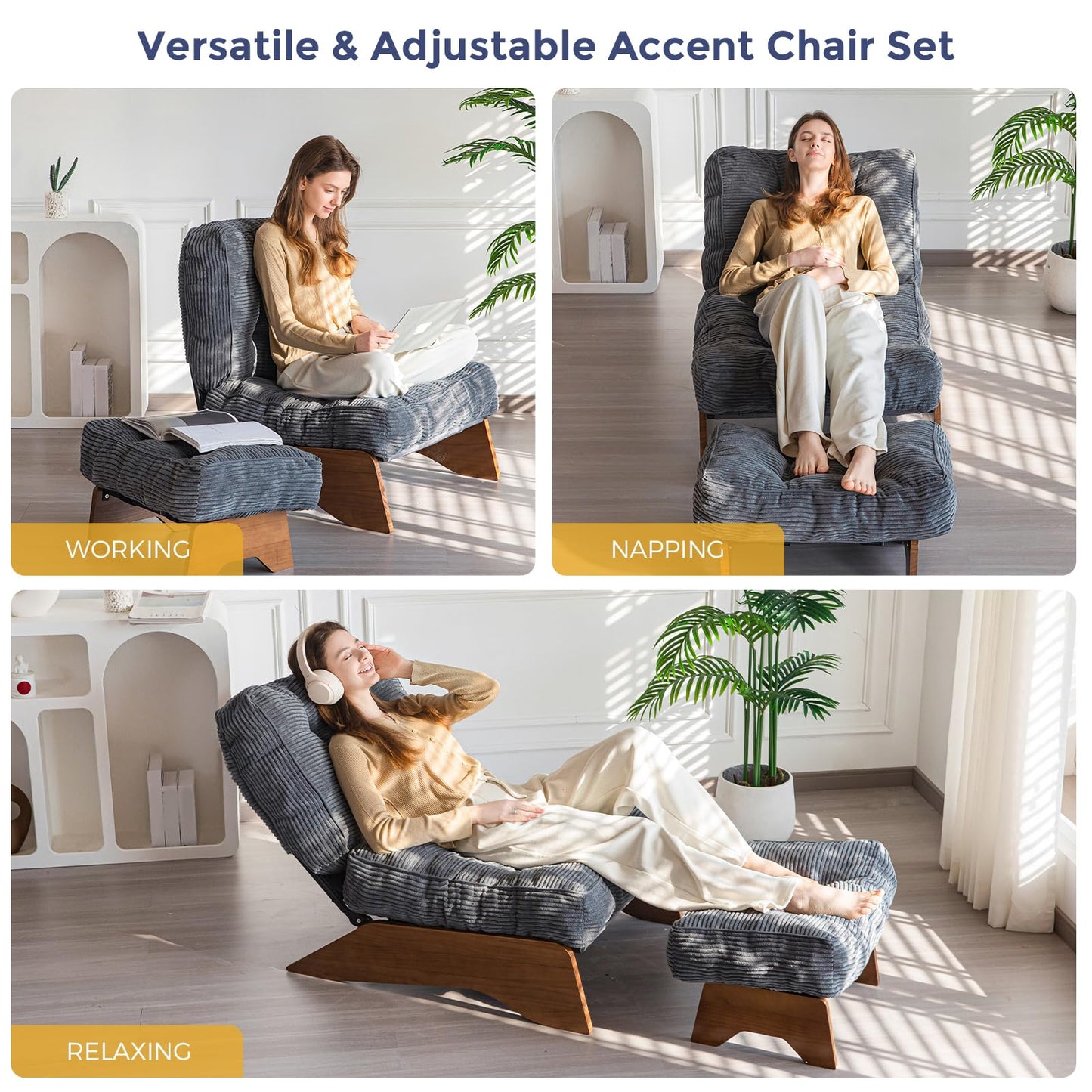 MAXYOYO Accent Chair with Ottoman Adjustable Backrest, Tufted Living Room Chair Upholstered Lounge Chair with Footrest Set, Modern Chair Cozy Reclining Chair for Reading Room, Dark Grey