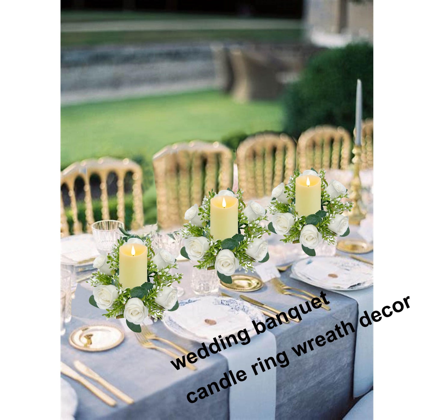 tyoungg Artificial Floral Centerpiece Rose Eucalyptus Pillar Candle Ring Wreath 3 Inch Center for Flameless or Wax Pillar Candles Weddding Bridal Shower Banquet Reception Table Home Decor (6, White)