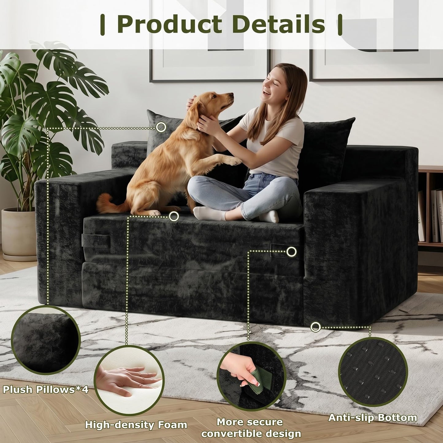 feliz home Boneless Loveseat Couch, Convertible Sofa Bed Folding Couch Bed, Boneless Chair Bed & Futon Sofa Bed, Small Pull Out Couch Foldable with 4 Pillows for Living Room, Black