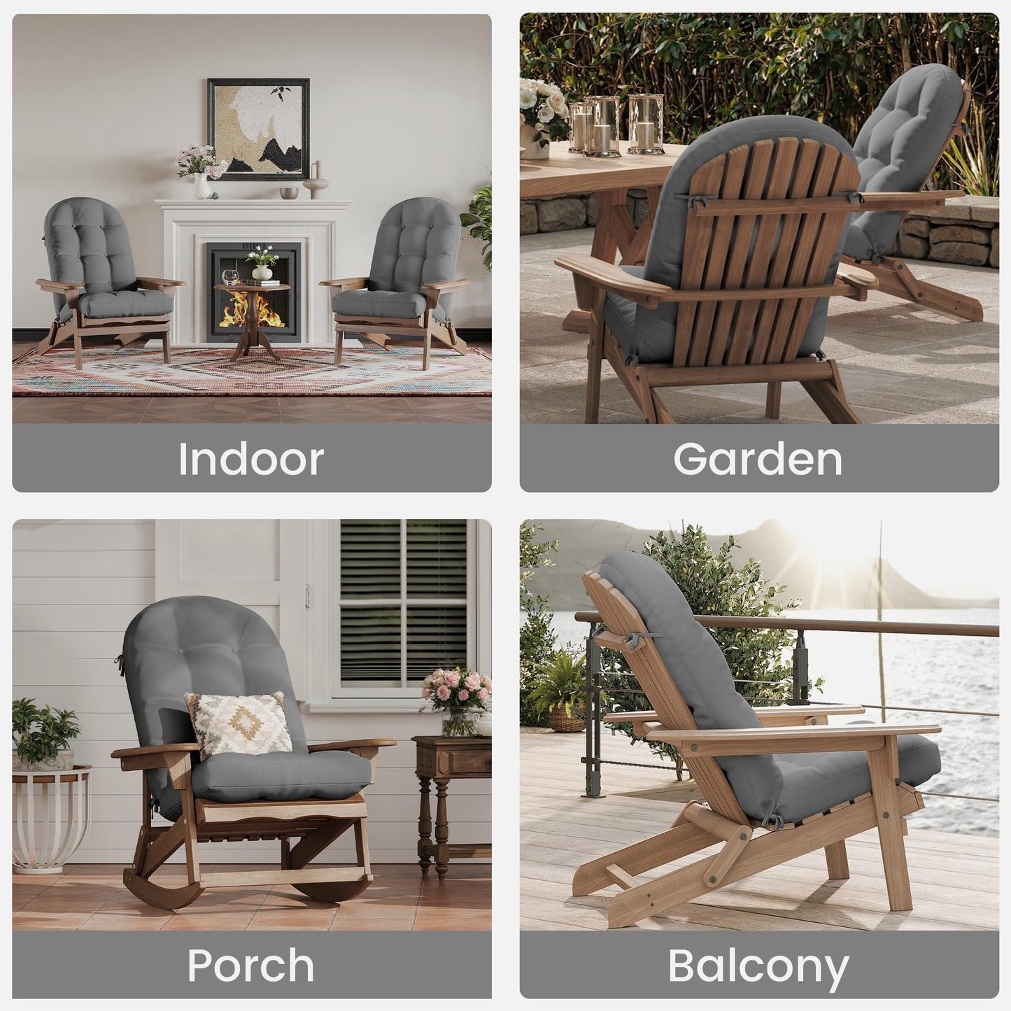 UDPATIO Adirondack Chair Cushion with Ties, Fade-Resistant High Back Outdoor Seat Cushions for Patio, Deck, Porch, Rocking Chairs & Lawn Furniture (Upper & Lower Lumbar Support)，Dark Grey