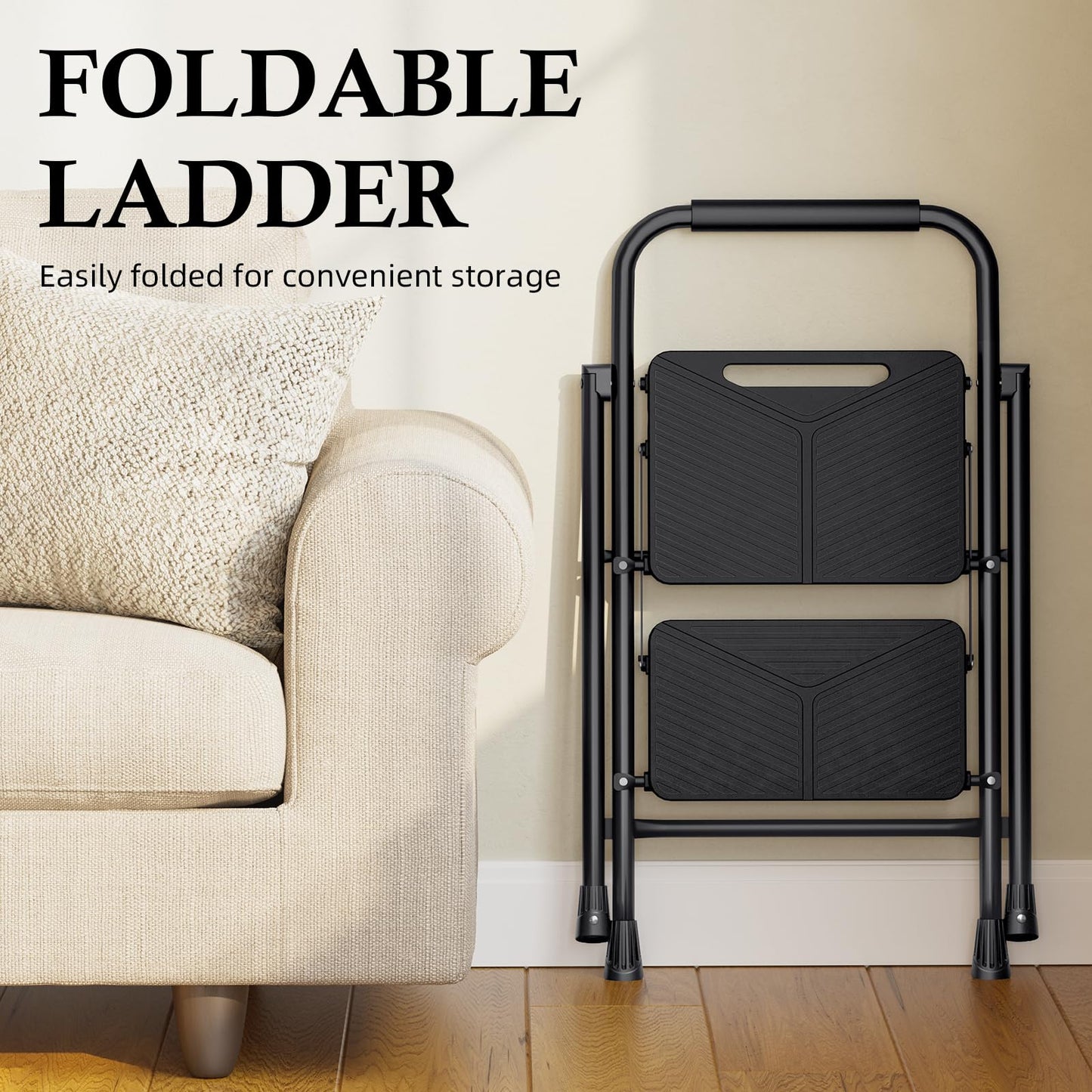 Urackify 2 Step Ladder, Folding Ladder for Multi-Purpose, Home, Kitchen, Heavy Sturdy Steel Portable Step Stool with Handrail, Safe-Lock Design, Anti-Slip Wide Pedals, Pass 500lbs Load Testing, Black
