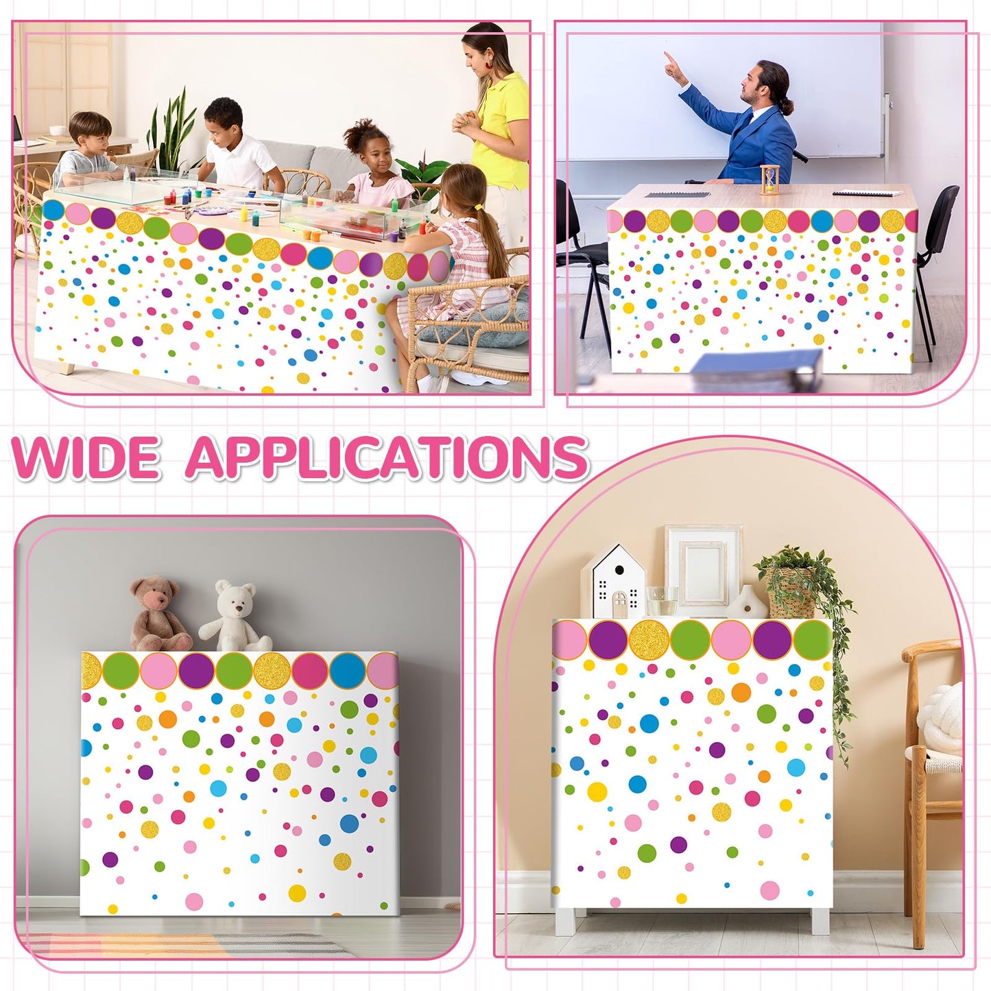 6FT Confetti Polka Dots Table Skirt Teacher Desk Skirt Classroom Table Cover for Back to School Decor Classroom Tables Cloths for First Day of School Supplies Office Bookcase Cabinet Decorations