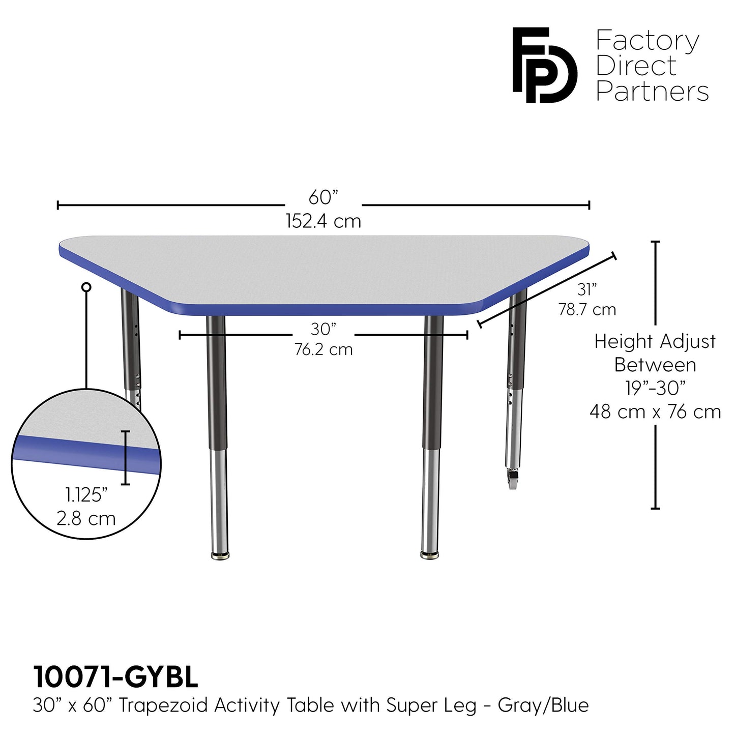 FDP Mobile Trapezoid Activity School and Office Table (30 x 60 inch), Super Legs with Glides and Casters for Collaborative Environments, Adjustable Height 19-30 inches - Gray Top and Blue Edge