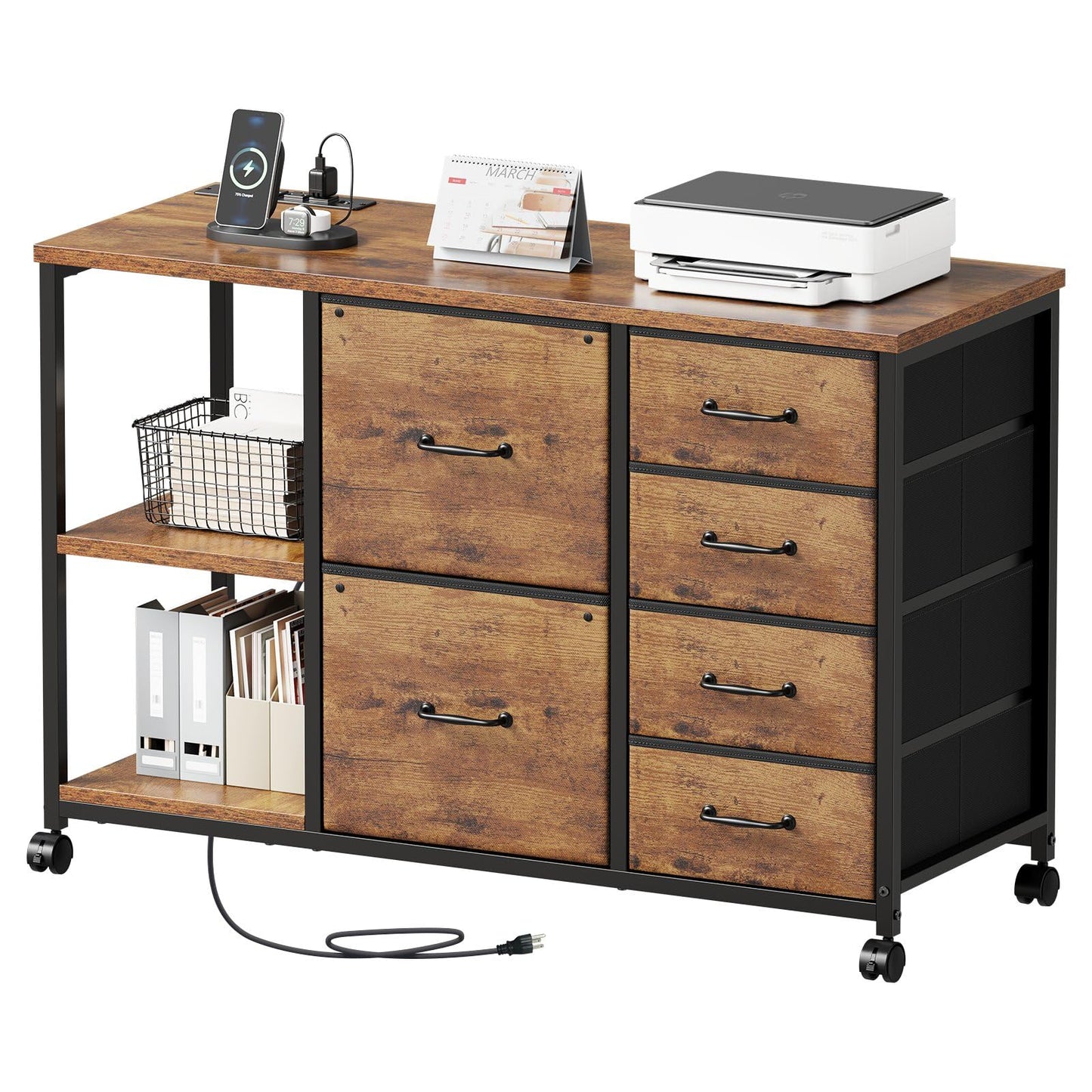 Maihail 6 Drawer File Cabinet with Charging Station Rolling Printer Stand with Open Storage Shelf Fabric Lateral Filing Cabinet for Home Office,Rustic Brown2