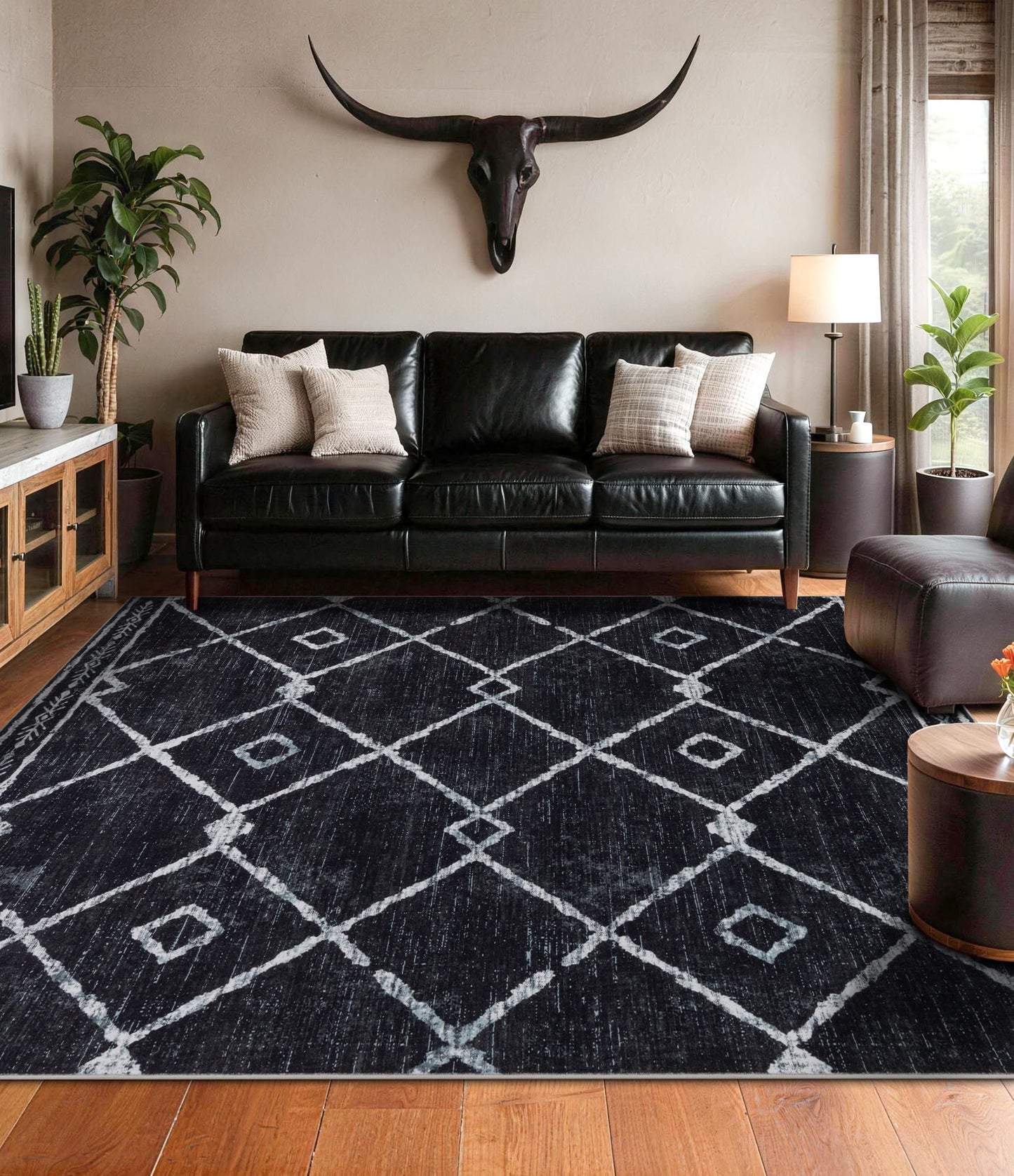 YIHOUSE Moroccan Rugs for Living Room, 6x9 Black and White Aztec Area Rug, Western Geometric Soft Low-Pile Washable Rugs for Bedroom, Dining Room