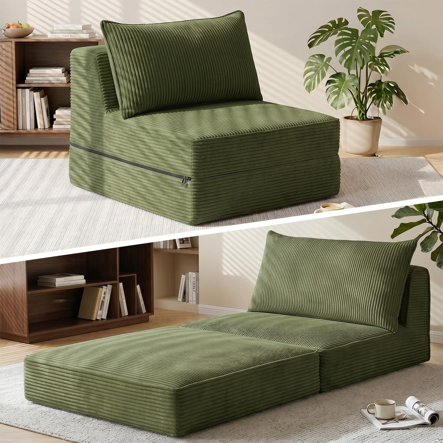 Erament Folding Sofa Bed, 8" Convertible Sleeper Sofa Fold Out Chair Bed with Pillow, Portable Floor Couch Lounge Sofa for Living Room Bedroom Guest Room, Green