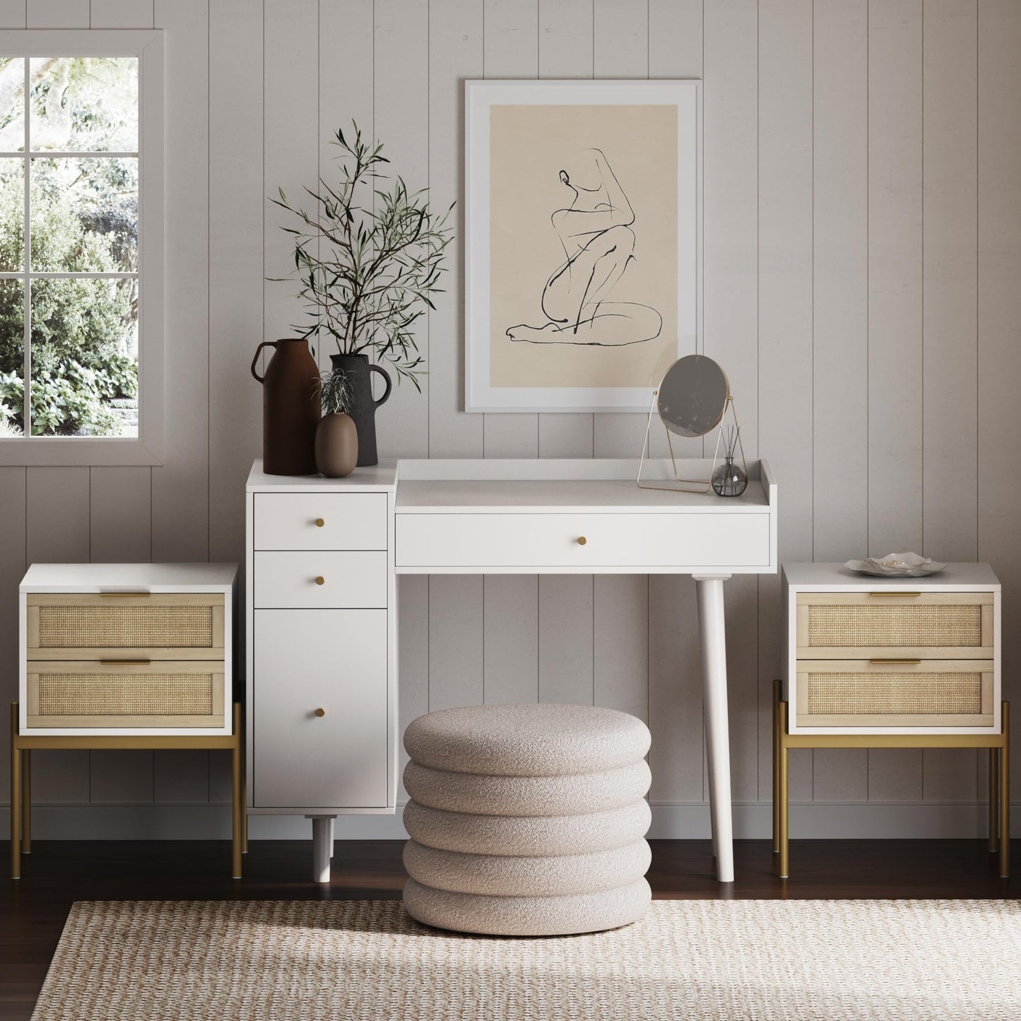 Nathan James Daisy White Desk Wall Unit, Vanity and Nightstand Set, Wood Desk with Drawer and Side Table with Metal Legs and Rattan Accent