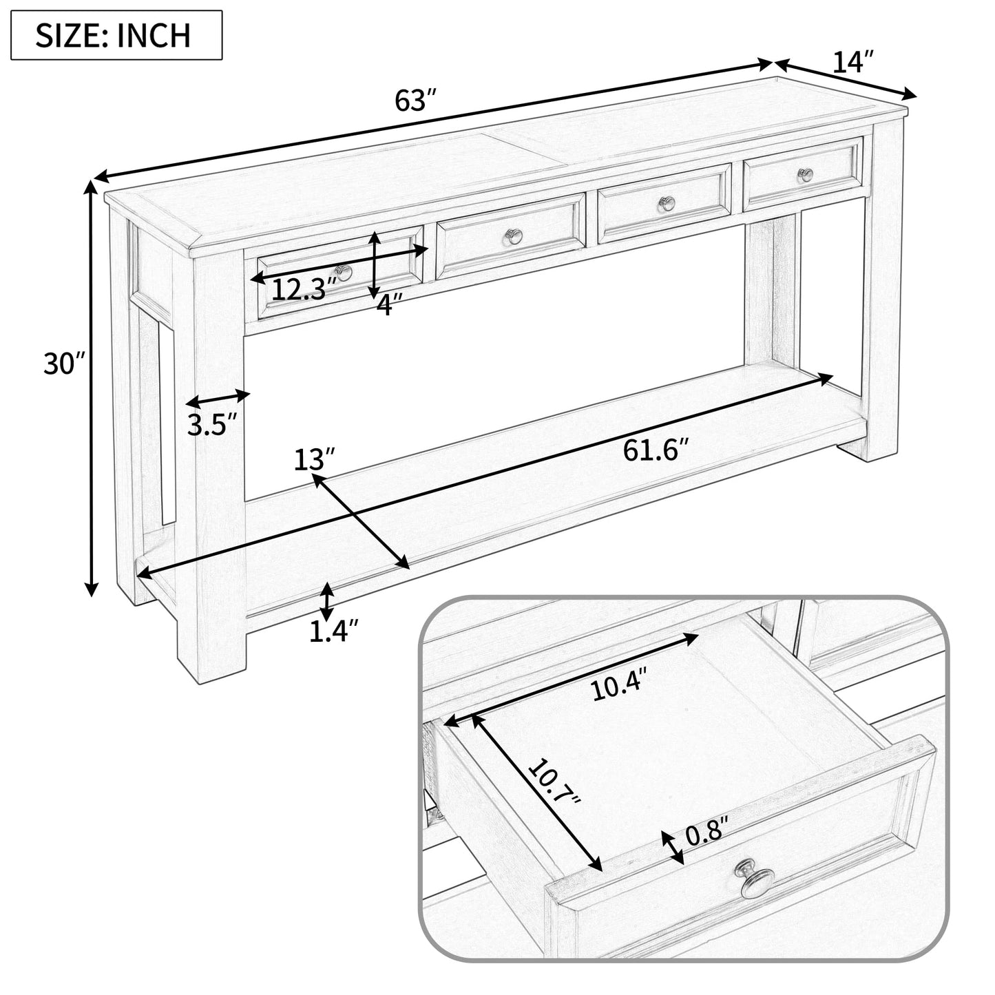 KTATK Solid Wood Console Sofa Table with 4 Drawers and Tabletop,Bottom Shelf for Entryway Hallway or Living Room,Space Saving,Easy to Assemble,Gray Wash,63" L×14" W×30" H