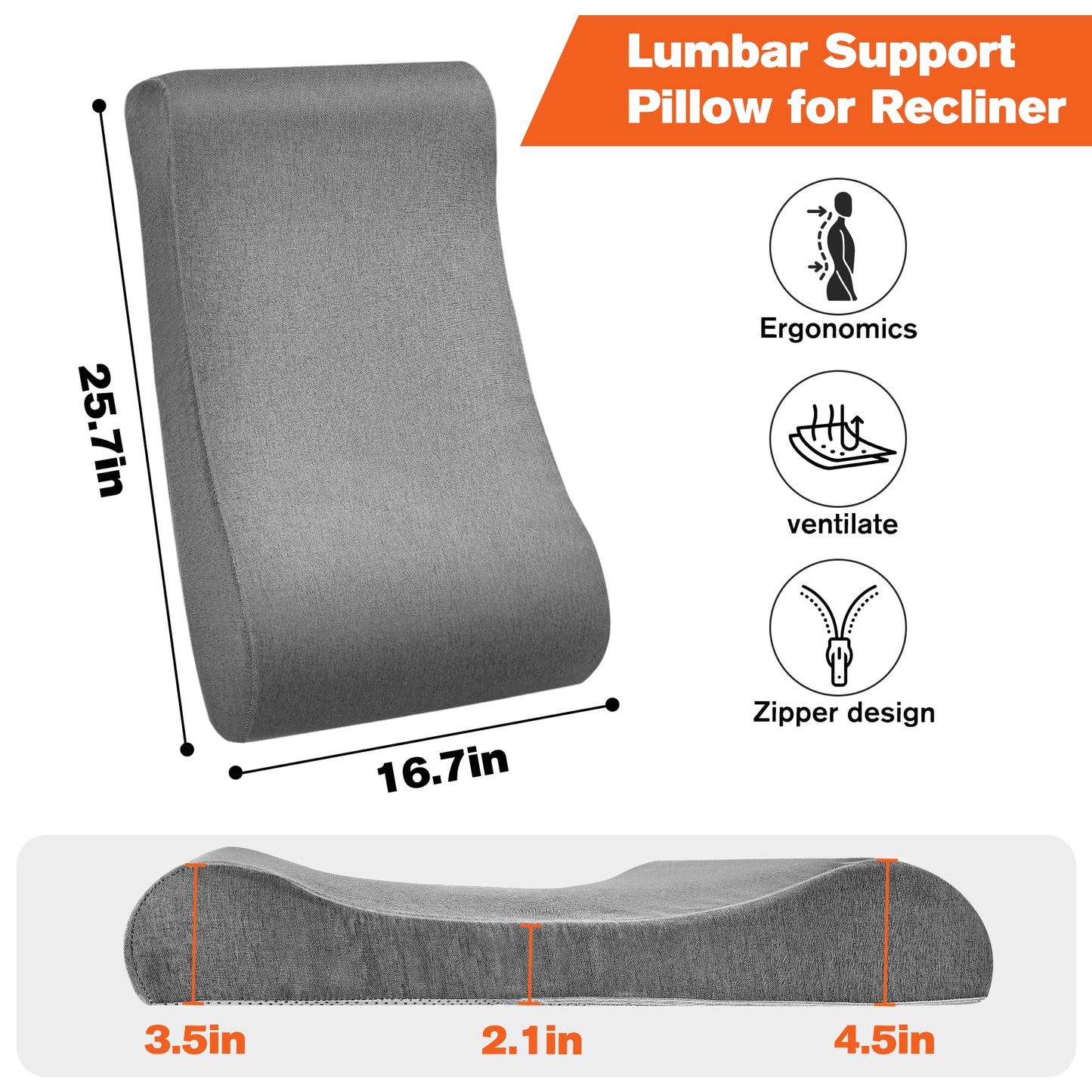JZHLLA Recliner Neck and Lumbar Support Cushion for Recliner Couch & Glider Chair, Ergonomic S-Shaped Backrest Pillow, Breathable Cotton-Linen Foam, Non-Slip Backing, Removable Cover(Grey)