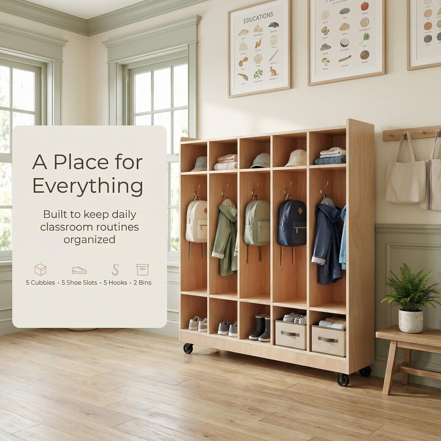 GarveeTech 5-Section Cubby Storage Organizer, Classroom Coat Locker with 4 Casters, 5 Hooks & 2 Storage Boxes, Heavy-Duty Plywood Daycare Furniture for Preschool & Kids Entryway, 48" Tall