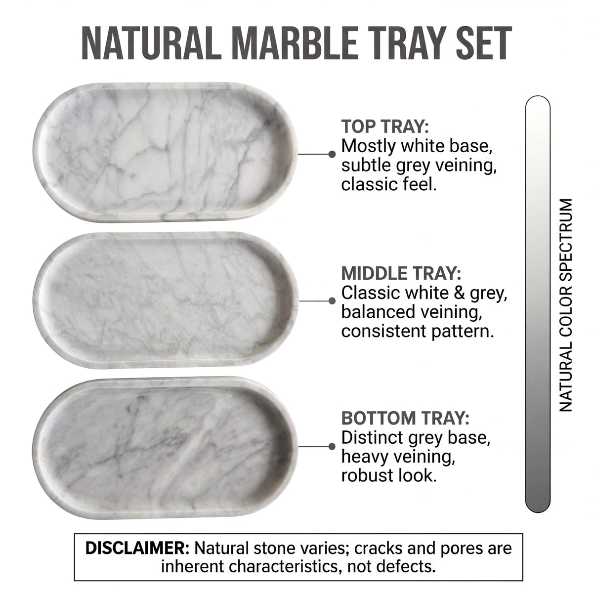 YKAJO Oval Real Marble Tray for Bathroom Kitchen Counter Stone Decorative Vanity Tray for Dresser Perfume Heavy Catchall Organizer for Soap Jewelry (Carrara White, 11.8" x 5.9")