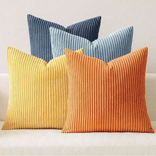MIULEE Pack of 4 Blue-Orange Corduroy Decorative Throw Pillow Covers 20x20 Inch