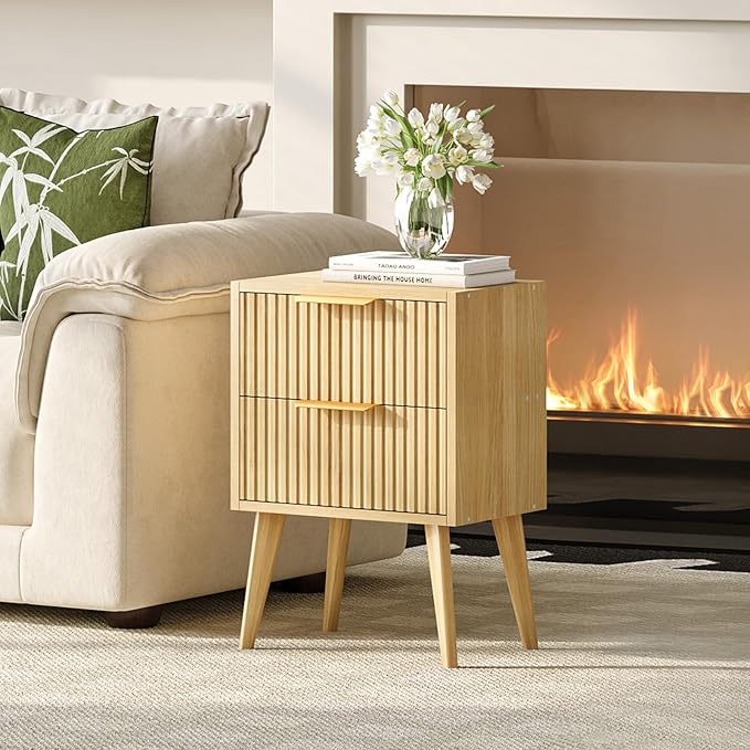 YAUKOMEL Fluted Nightstand, Small Bedside Table, Natural Wood Night Stand