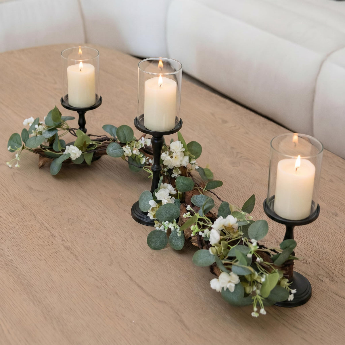 Eucalyptus Table Centerpiece with Candle Holders, Farmhouse Dining Table Decor, Rustic Greenery Centerpiece for Coffee Table, Mantle, Entryway, Wedding & Home Decor (Black)