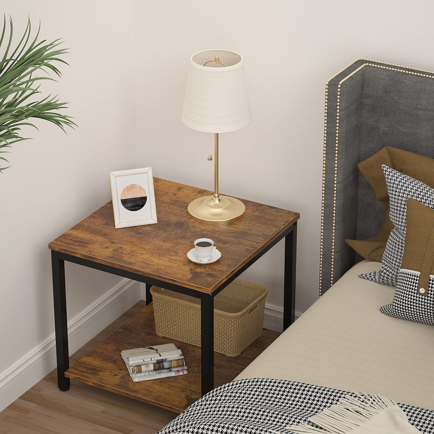 Homieasy Side Table 20 Inch Square, 2-Tier Coffee Tea End Table Nightstands for Sofa Couch Bed, Metal Wood Accent Modern Simple Industrial Style Side Table for Living Room Bedroom, Rustic Brown