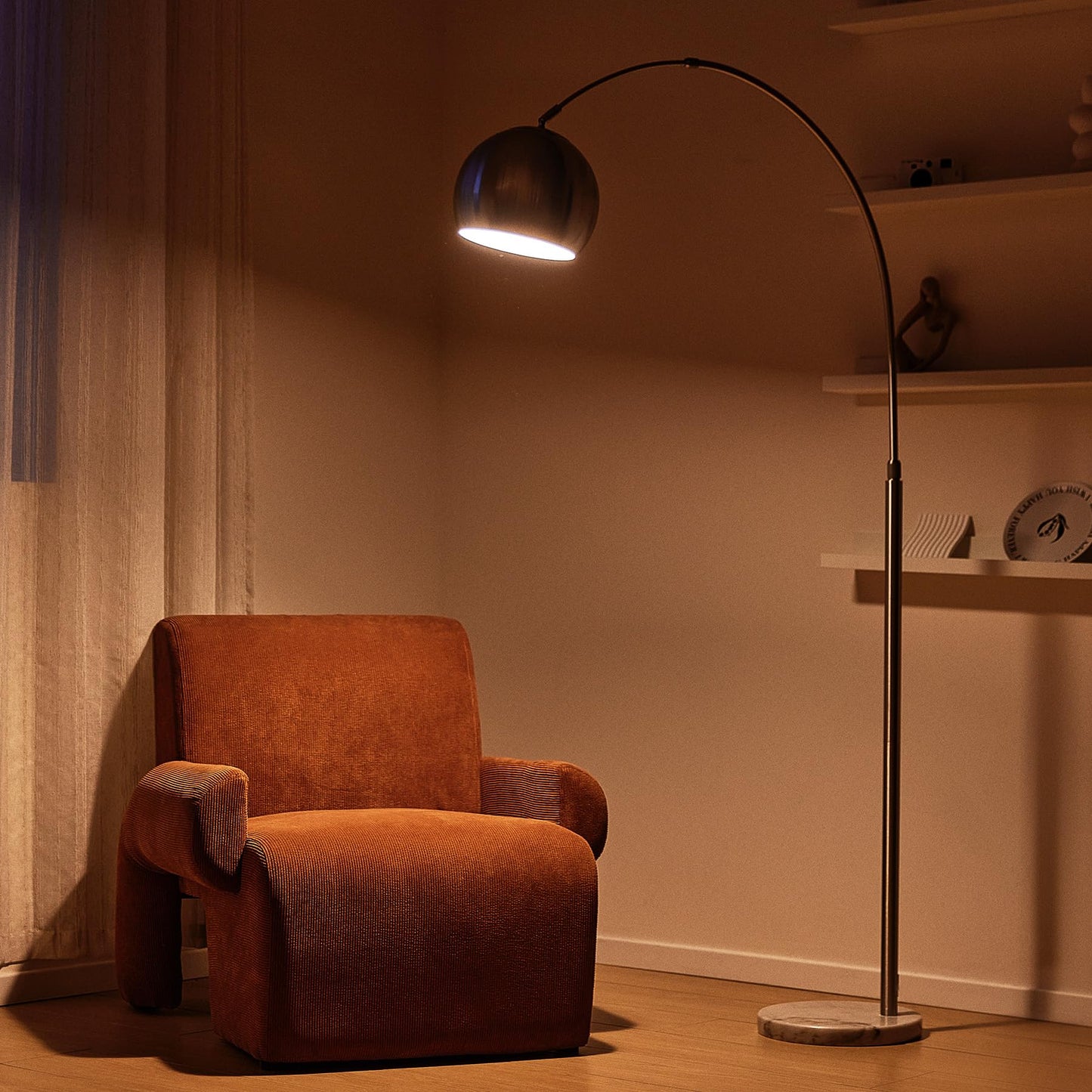 CO-Z Modern Floor Lamp for Living Room, Brushed Nickel Arc Floor Lamp with LED Bulb, Marble Base Contemporary Tall Lamp for Living Room Couch Sofa, Height Up to 69 Inch