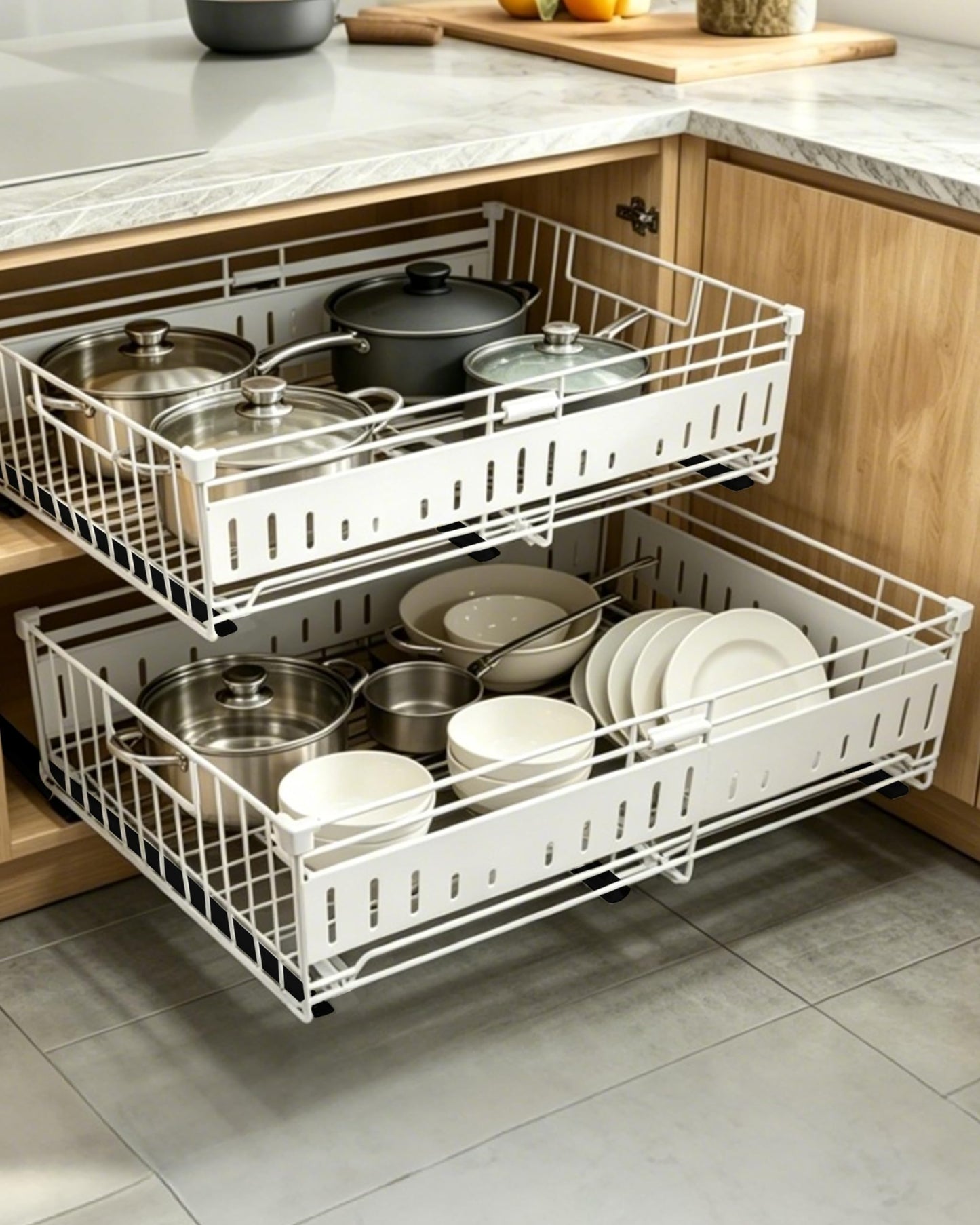 KimHong 2 Pack Pull Out Cabinet Organizer, Expandable Drawer Organizer with Adjustable Width 12.4"-19.5", Adhesive No Drill Under Cabinet Shelves for Home Kitchen Pantry with Silent Slides