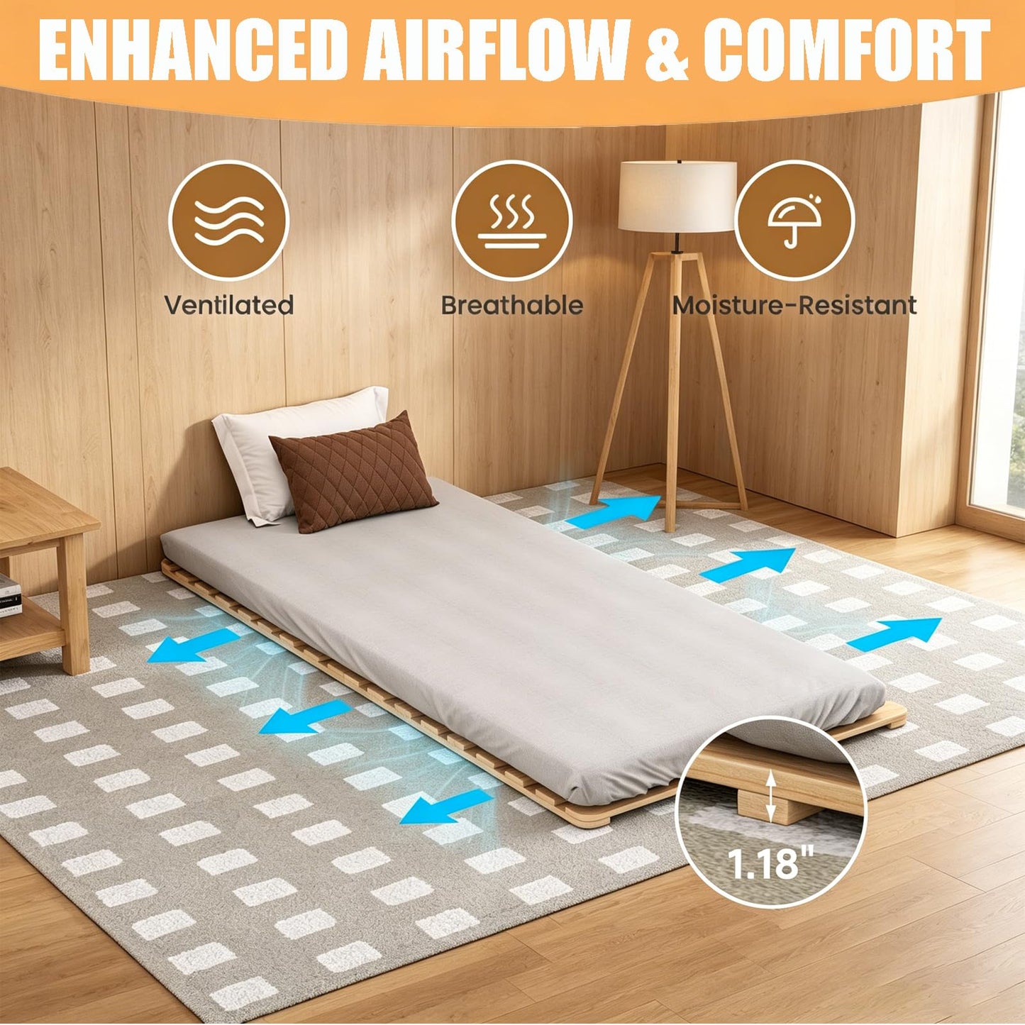 LILYPELLE Floor Bed Frame, Foldable Tatami Bed Frame, Breathable Moisture-Proof Bed Plate, Japanese Floor Bed, Wood Slatted Floor Bed Frame for Floor Sleeping or Futon Mattress, Standard Twin