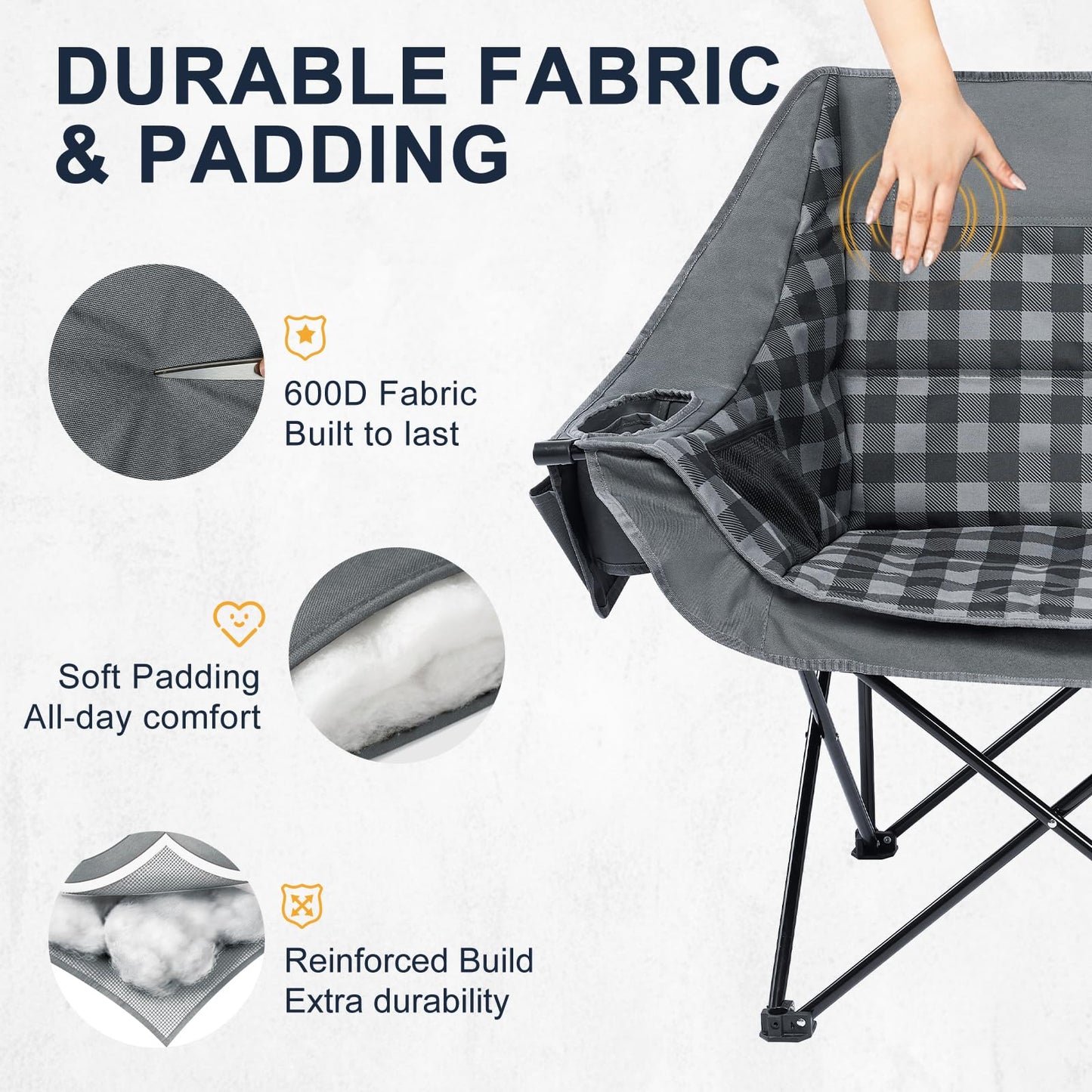 RVIEIS Double Camping Chair 2 Person Loveseat Oversized Padded Camping Couch Heavy Duty Portable Folding XL Camp Chair with Cup Holder Side Pocket for Outdoor Lawn Beach Sport Support 800LBS, Plaid