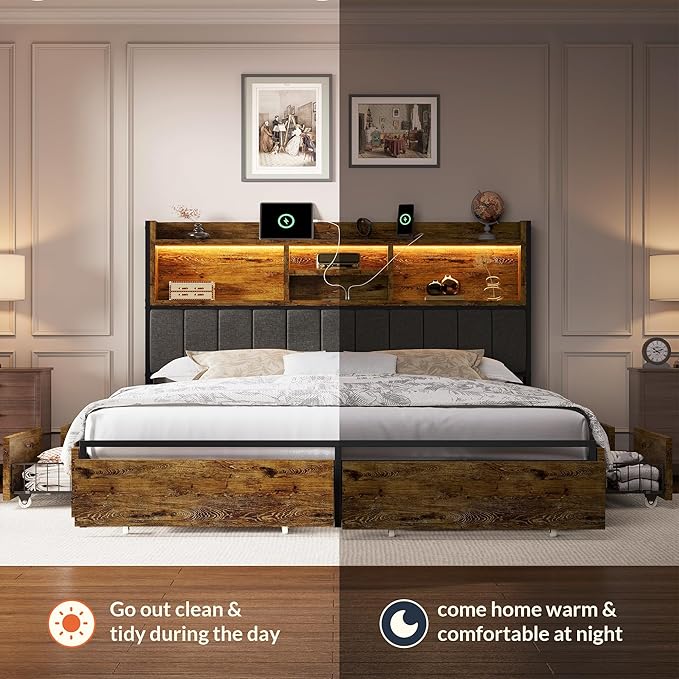 LARMACE Queen Bed Frame with 6 Storage Drawers, Bed Frame Queen Size with Linen