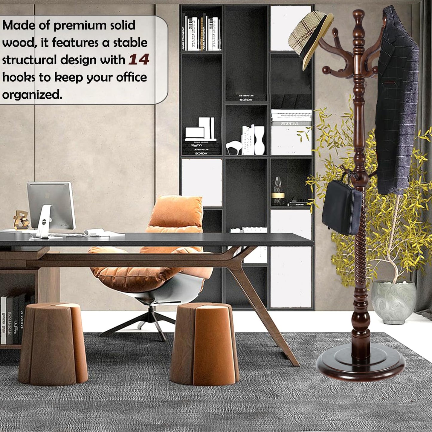Sauqzoh Coat Racks Free Standing with 14 Hooks, Natural Wood Coat Stands for Entryway, Adjustable Height 73 in Tree Coat Rack Stand for Hallway Home Office Bedroom (Dark Brown)