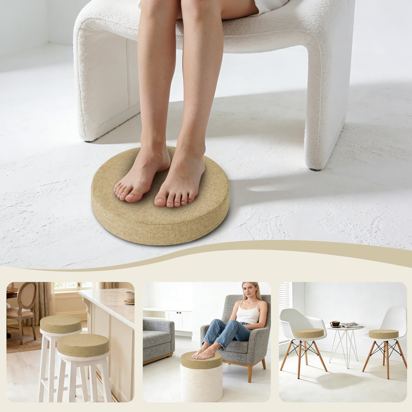 AddGrace 2.5" Thick Non Slip Round Chair Pad 1 Pack, 16" Round Chair Cushion with Machine-Washable Cover and Long Zipper, Seat Cushions for Kitchen, Office, Floor and 16" Ottoman, Beige