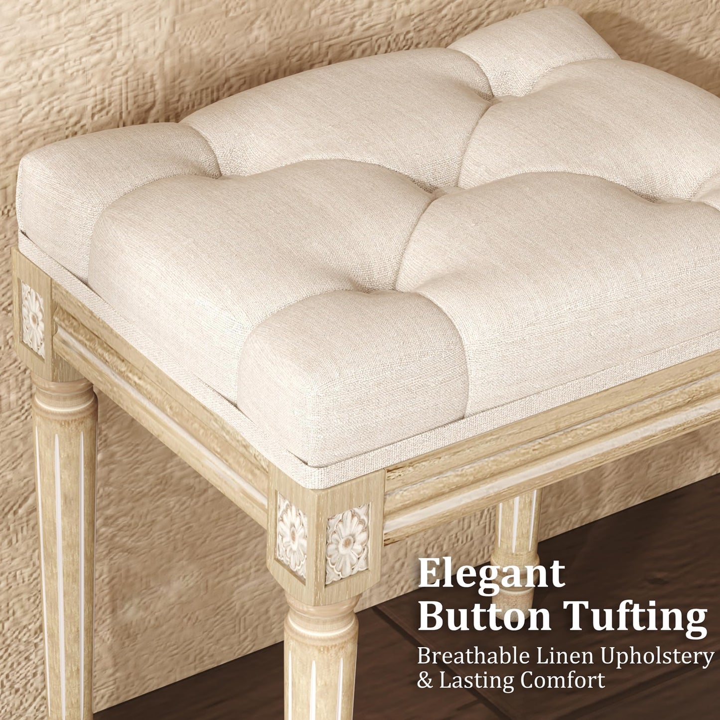 Yusong Vanity Stool Upholstered Bench Seat for Makeup Room, Vintage Small Bedroom Bench Dining Bench with Tufted Fabric for Living Room, Piano Stool with Rustic Wood, Easy Assemble,Beige