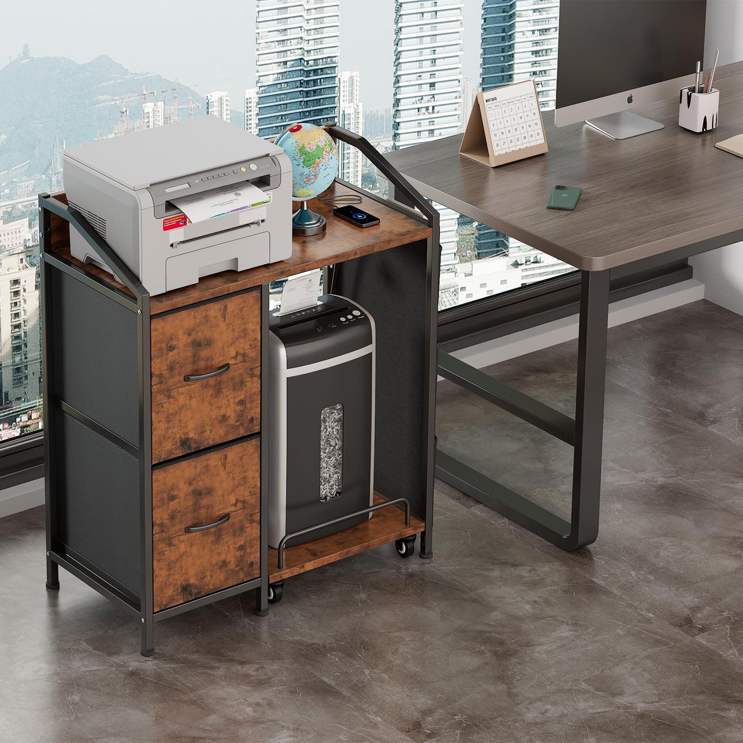 WODRAWER Printer Stand with Fabric Drawers, Lateral Office Filing Cabinets with Power outlets & USB Charging Port, File Cabinet with Large Printer Stands for Home Office, Shredder Stand (Rustic Brown)