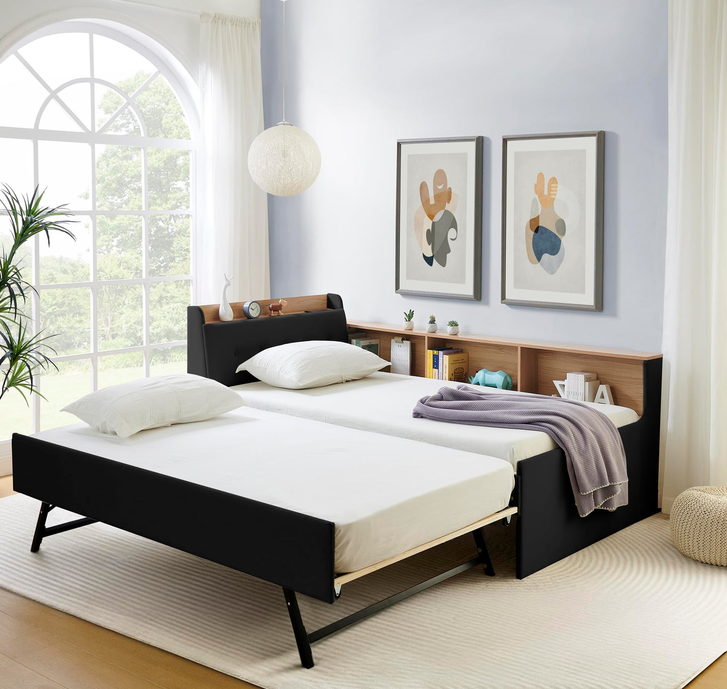 Twin Size Upholstery Velvet Height Adjustable Day Bed with Storage Headboard and Wireless Charging, Multi-Functional Daybed with Trundle Bed & LED Lights, Black