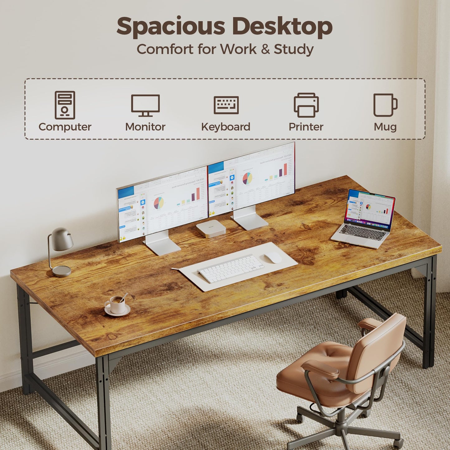 Mericonia 40 Inch Computer Desk, 1" Thick Modern Simple Study Writing Table, Heavy Duty Industrial Office Desk for Home Bedroom Workstation, Dark Brown