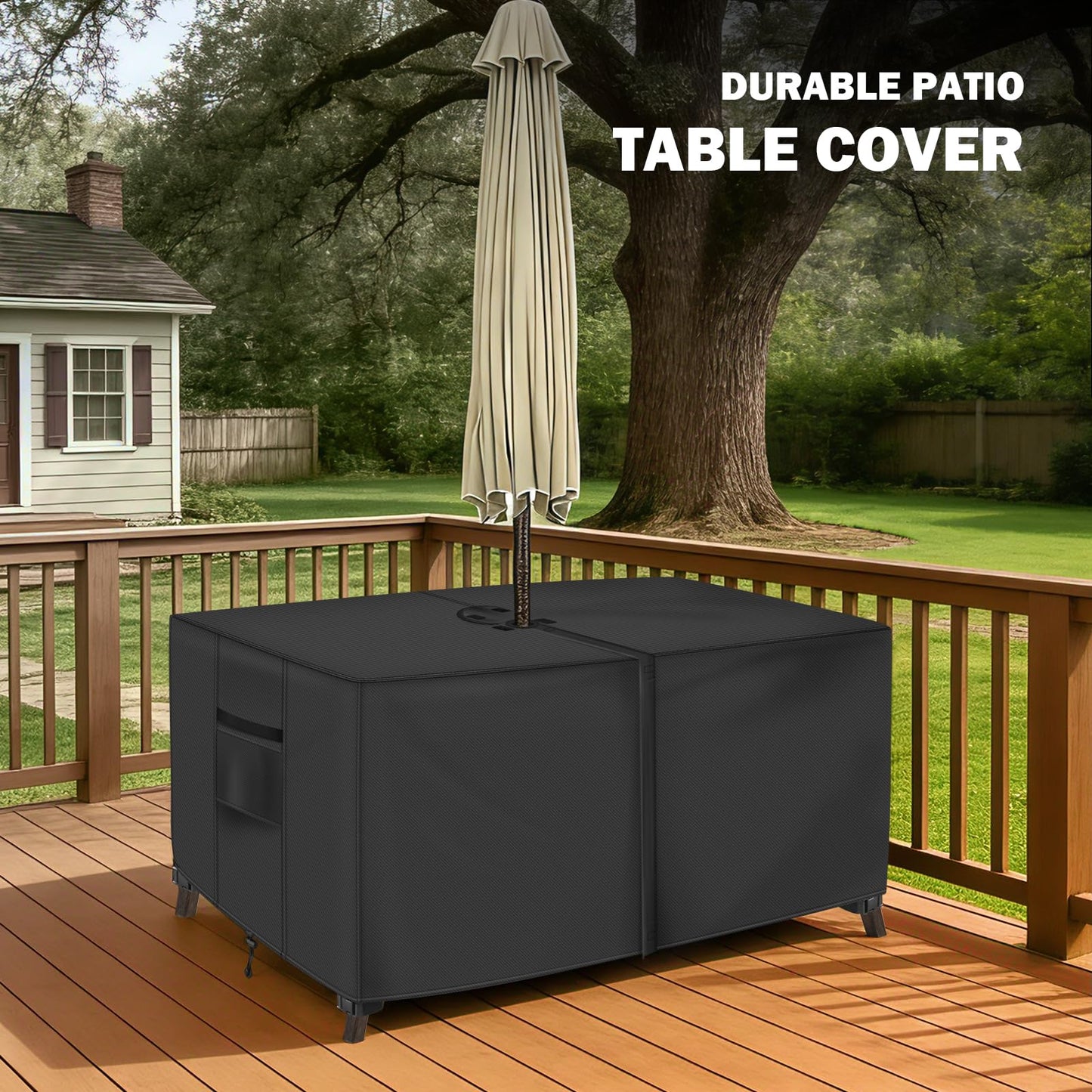 Rectangular Patio Table Cover with Umbrella Hole 72"L x 44"W x 23"H (COVER SIZE，NOT TABLE SIZE) Heavy Duty Waterproof Black Set Tarpaulins