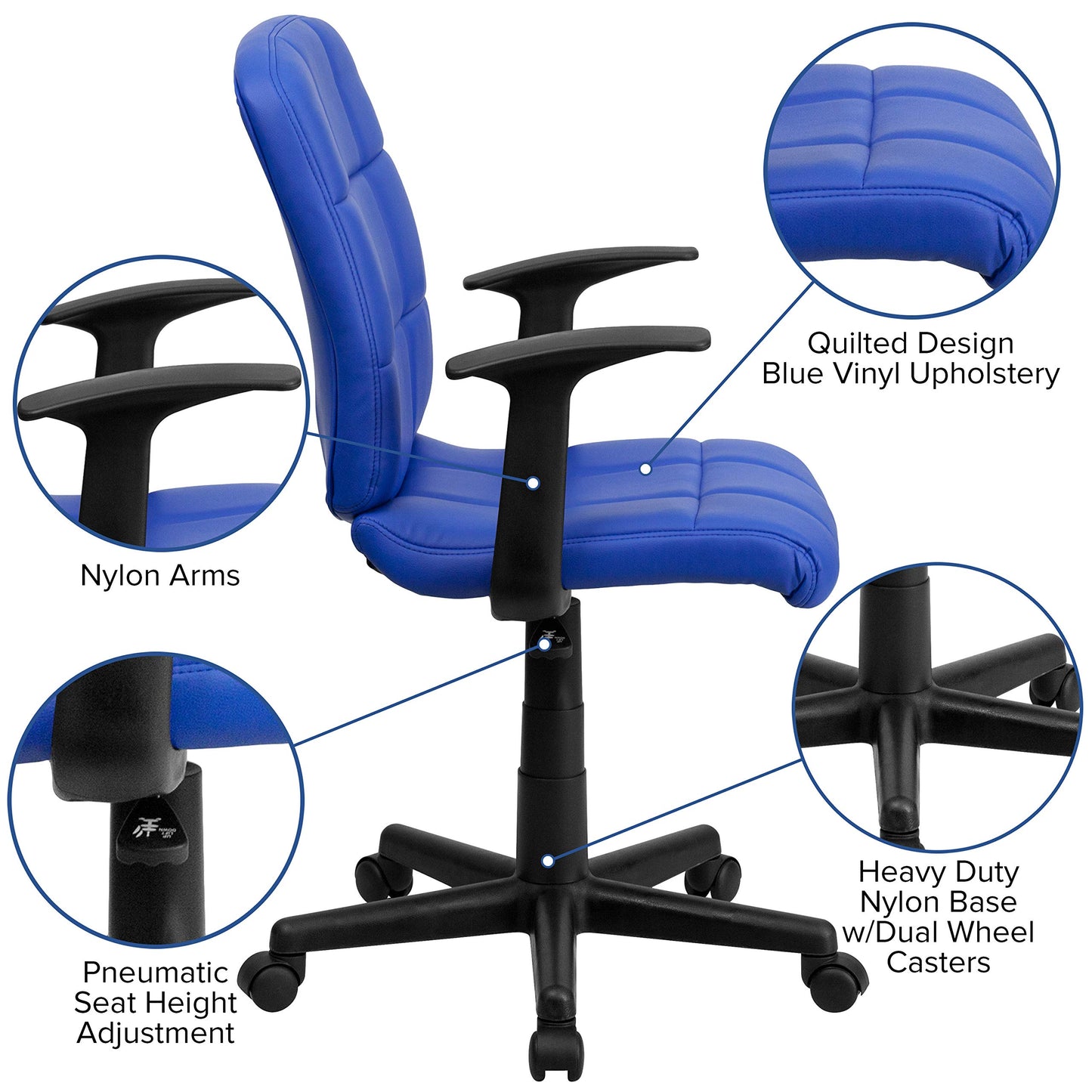 Flash Furniture Clayton Mid-Back Blue Quilted Vinyl Swivel Task Office Chair with Arms