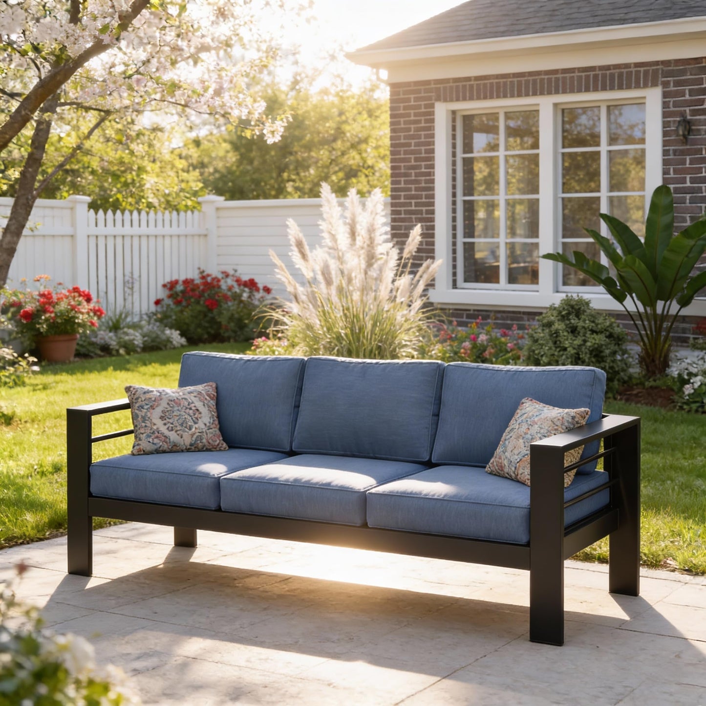 Kiss the Water 3 Seats Aluminum Outdoor Patio Sofa Set, All Weather Rust-Proof Metal Patio Couch, Modern Outdoor Furniture for Backyard Porch Garden, 5" Thick Waterproof Olefin Cushions, Light Grey