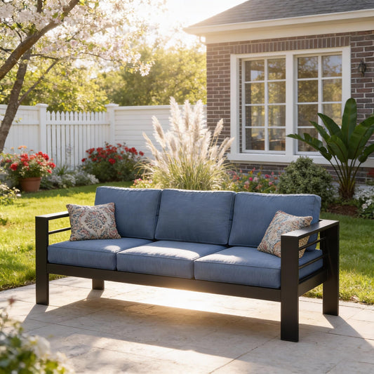Kiss the Water 3 Seats Aluminum Outdoor Patio Sofa Set, All Weather Rust-Proof Metal Patio Couch, Modern Outdoor Furniture for Backyard Porch Garden, 5" Thick Waterproof Olefin Cushions, Light Grey