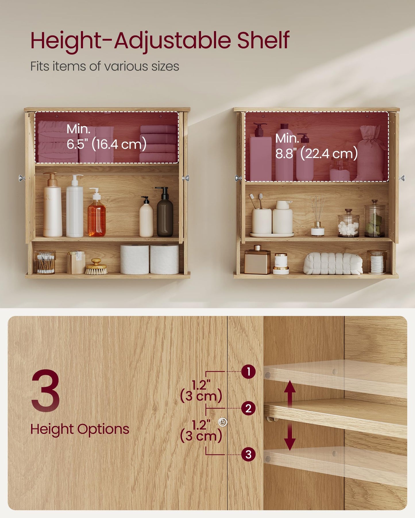 VASAGLE Bathroom Cabinet with Mirror, Wall Cabinet with 2 Mirrored Doors, Adjustable Shelf, Open Compartment, Wall-Mounted, 5.1 x 22.2 x 23 Inches, Natural Oak ULHC003Y01