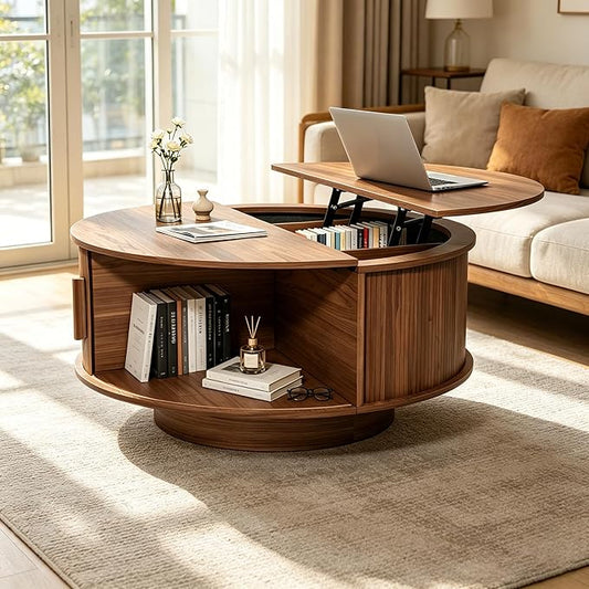 Round Lift Top Coffee Table, Mid Century Modern Fluted Circle Coffee Table