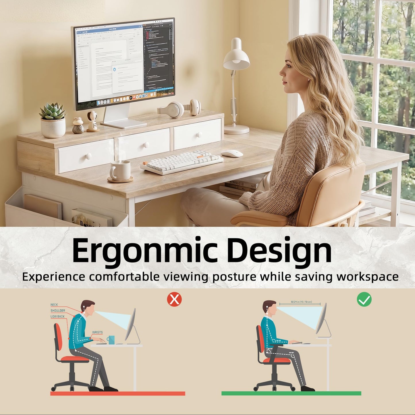 TIQLAB 40 Inch L Shaped Computer Desk with 3 Drawers & Power Outlets, Small Corner Desk with Reversible Shelves, Vanity Kids Writing PC Desk for Bedroom Home Office, Study Table for Girls, Maple